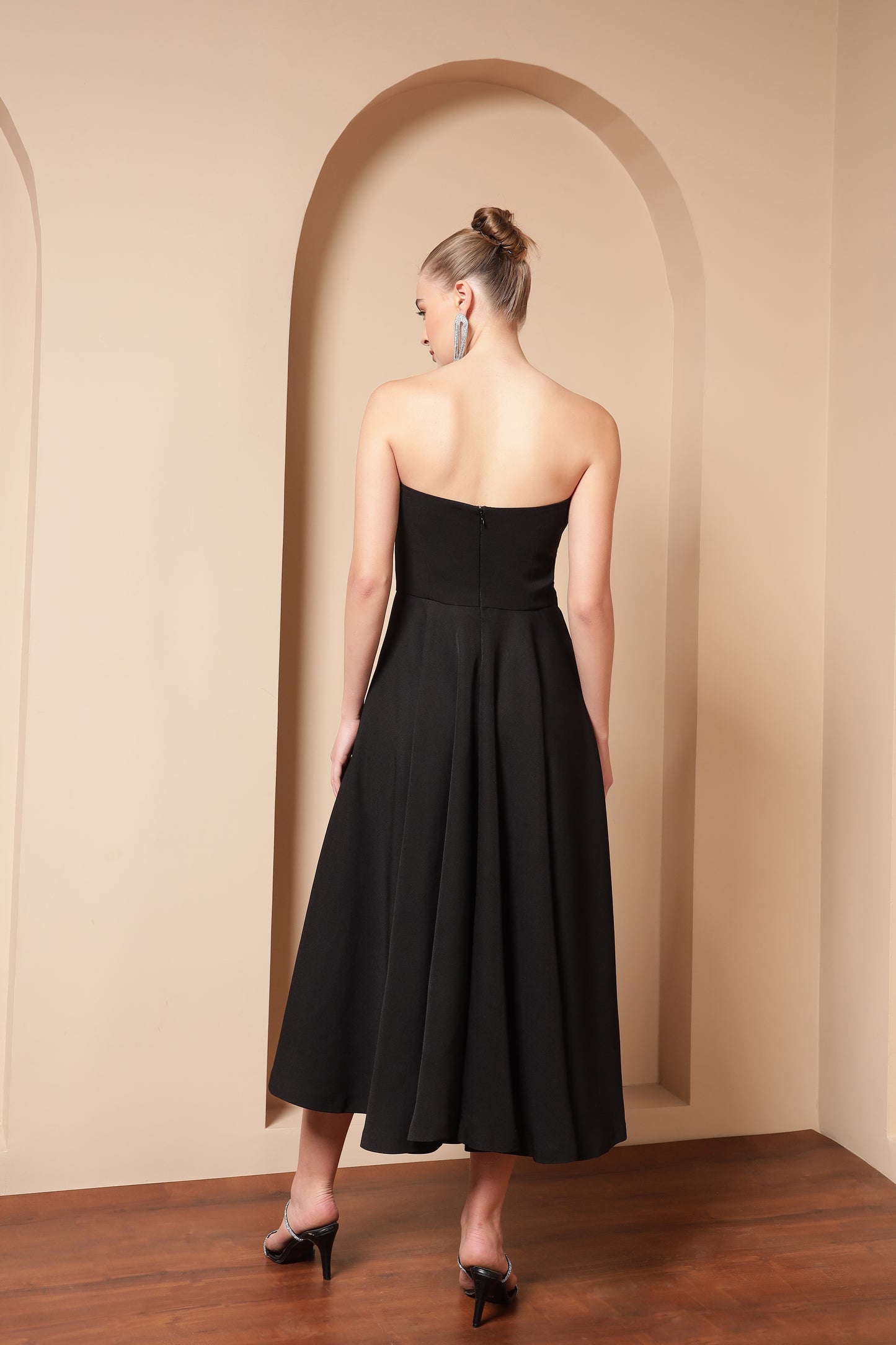 CRYSTAL EMBROIDERED FLARE MIDI DRESS
