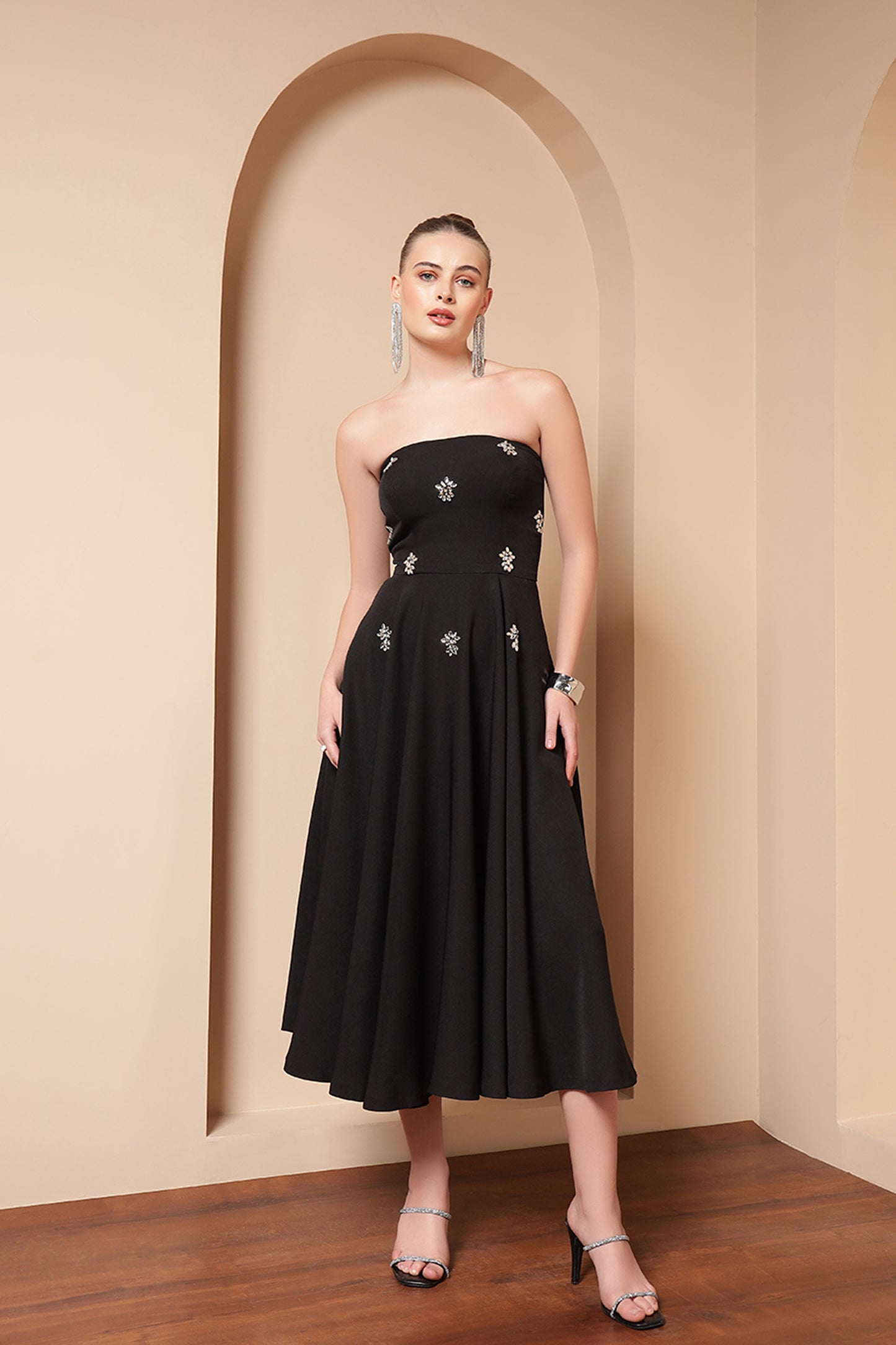 CRYSTAL EMBROIDERED FLARE MIDI DRESS