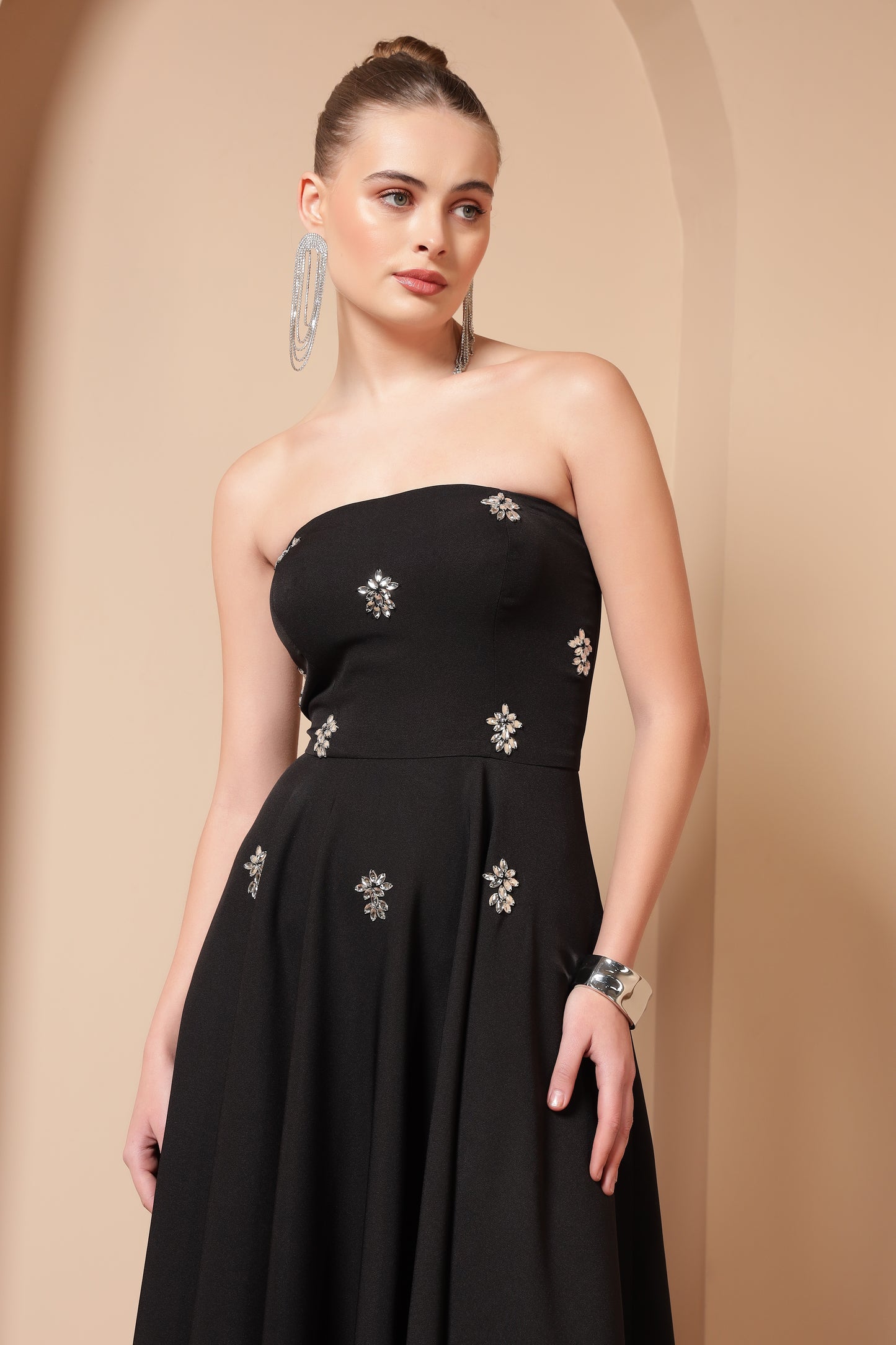 CRYSTAL EMBROIDERED FLARE MIDI DRESS