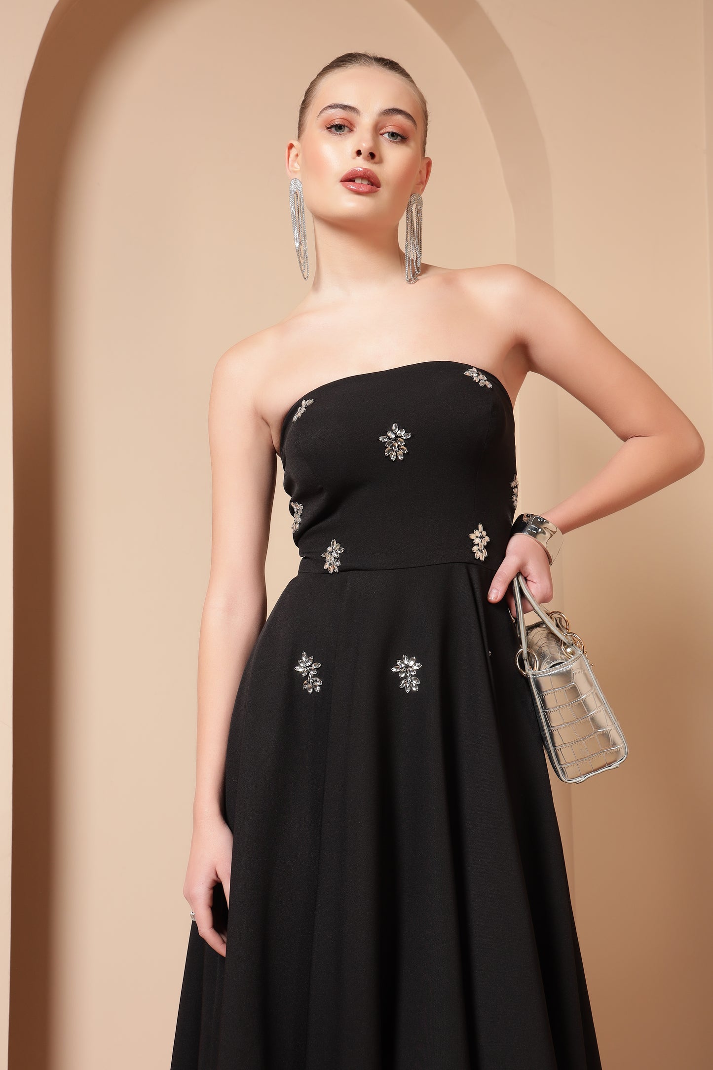 CRYSTAL EMBROIDERED FLARE MIDI DRESS
