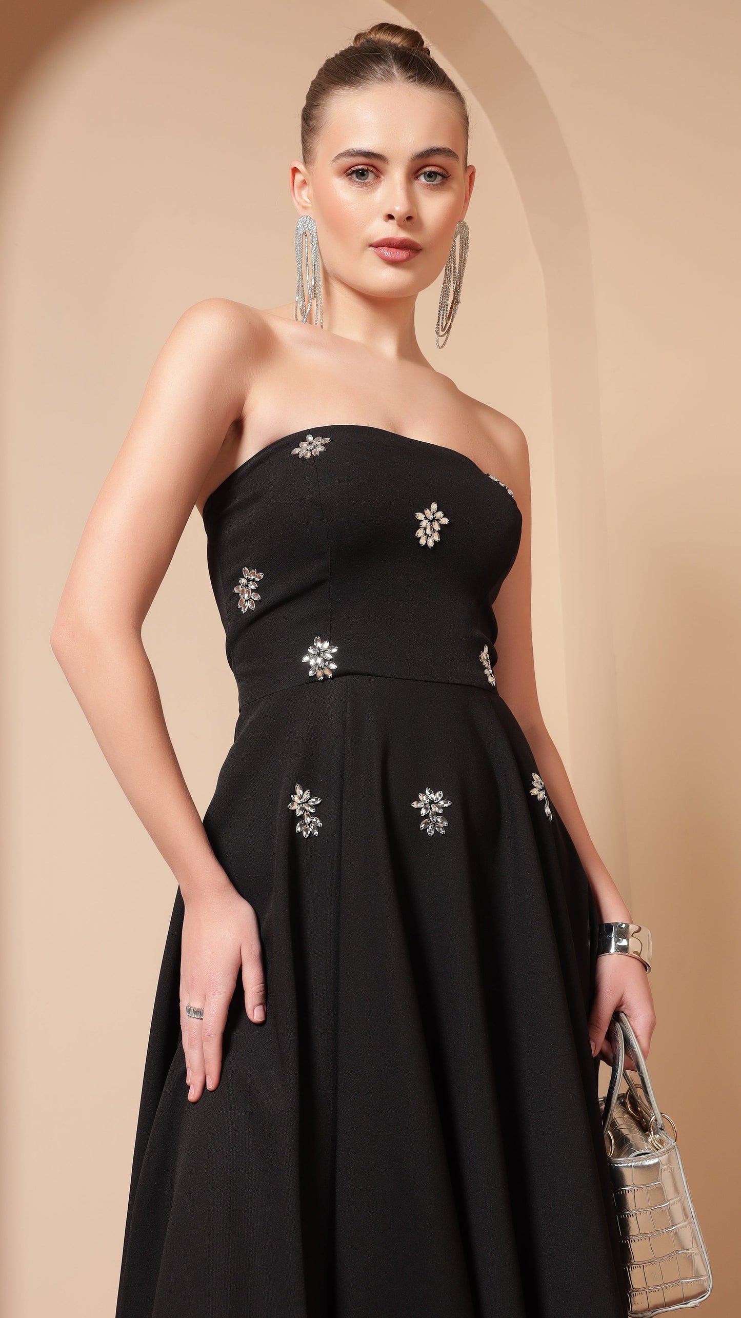 CRYSTAL EMBROIDERED FLARE MIDI DRESS