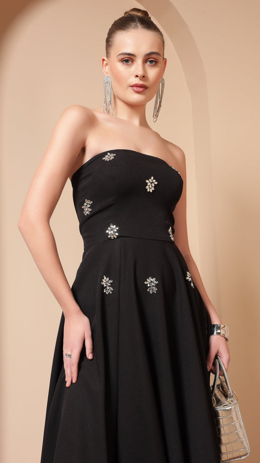 CRYSTAL EMBROIDERED FLARE MIDI DRESS