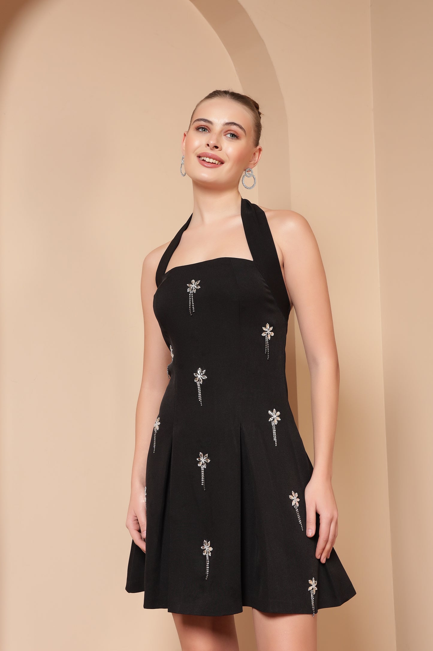 EMBELLISHED HALTER NECK BOX PLEATED DRESS