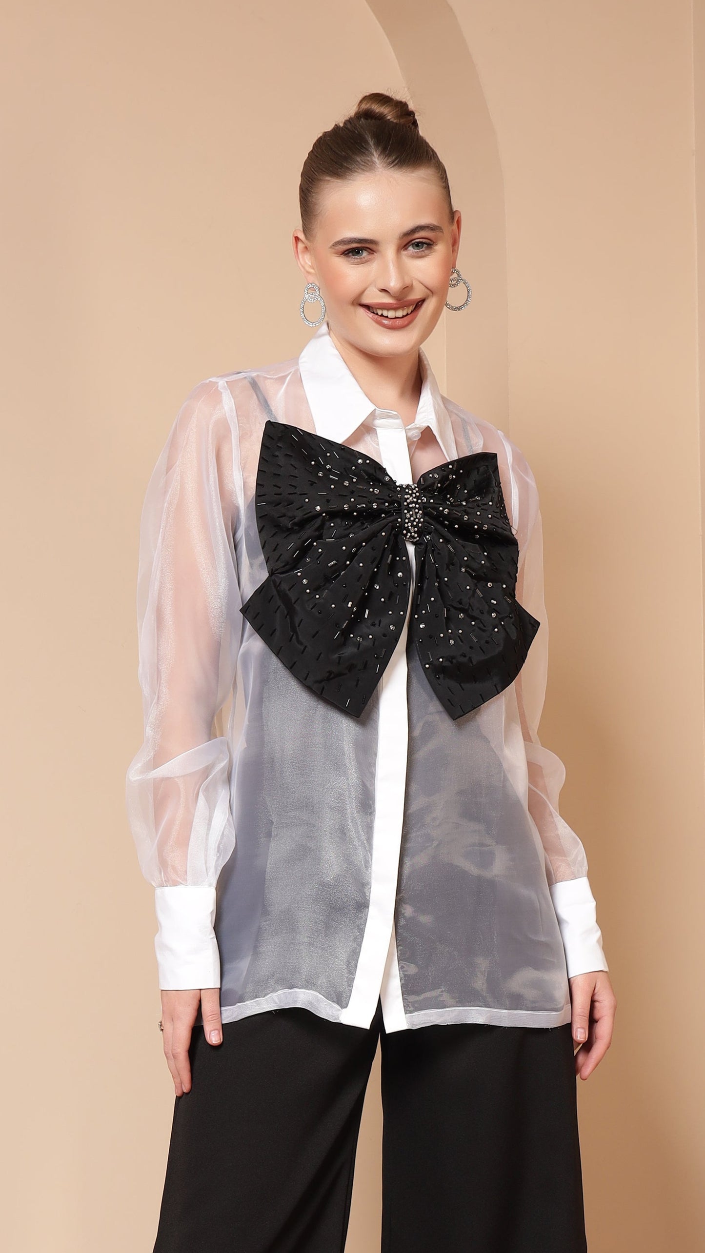 STATEMENT SHEER ORGANZA SHIRT WITH BOW