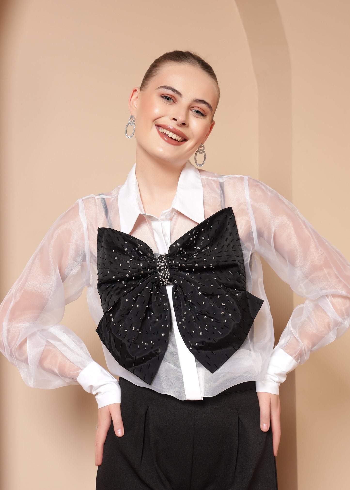 STATEMENT SHEER ORGANZA SHIRT WITH BOW