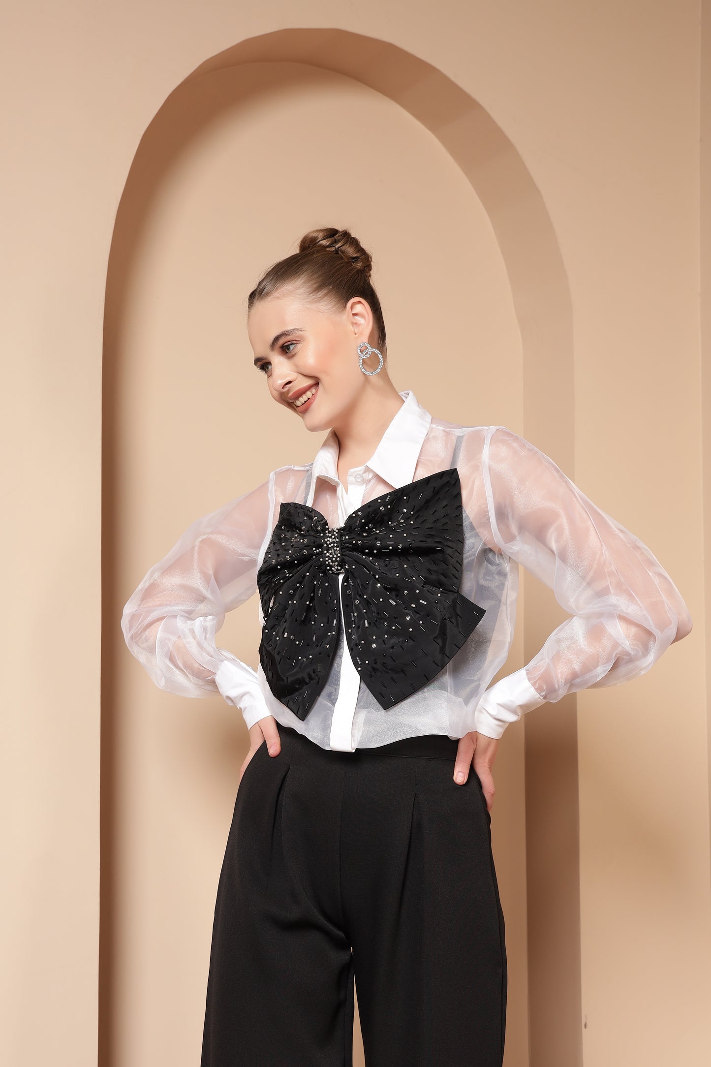 STATEMENT SHEER ORGANZA SHIRT WITH BOW