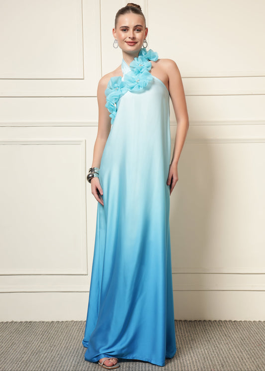 BLUE OMBRE FLOWER PATCH MAXI DRESS
