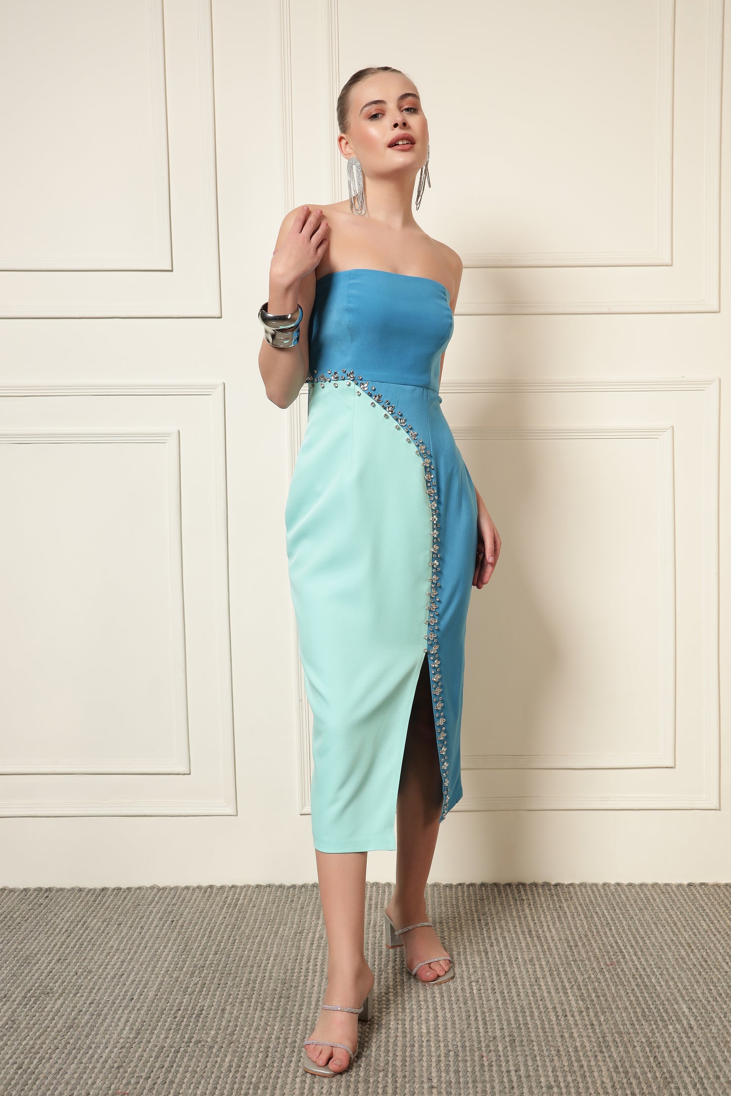 COLORBLOCK EMBELLISHED MIDI DRESS