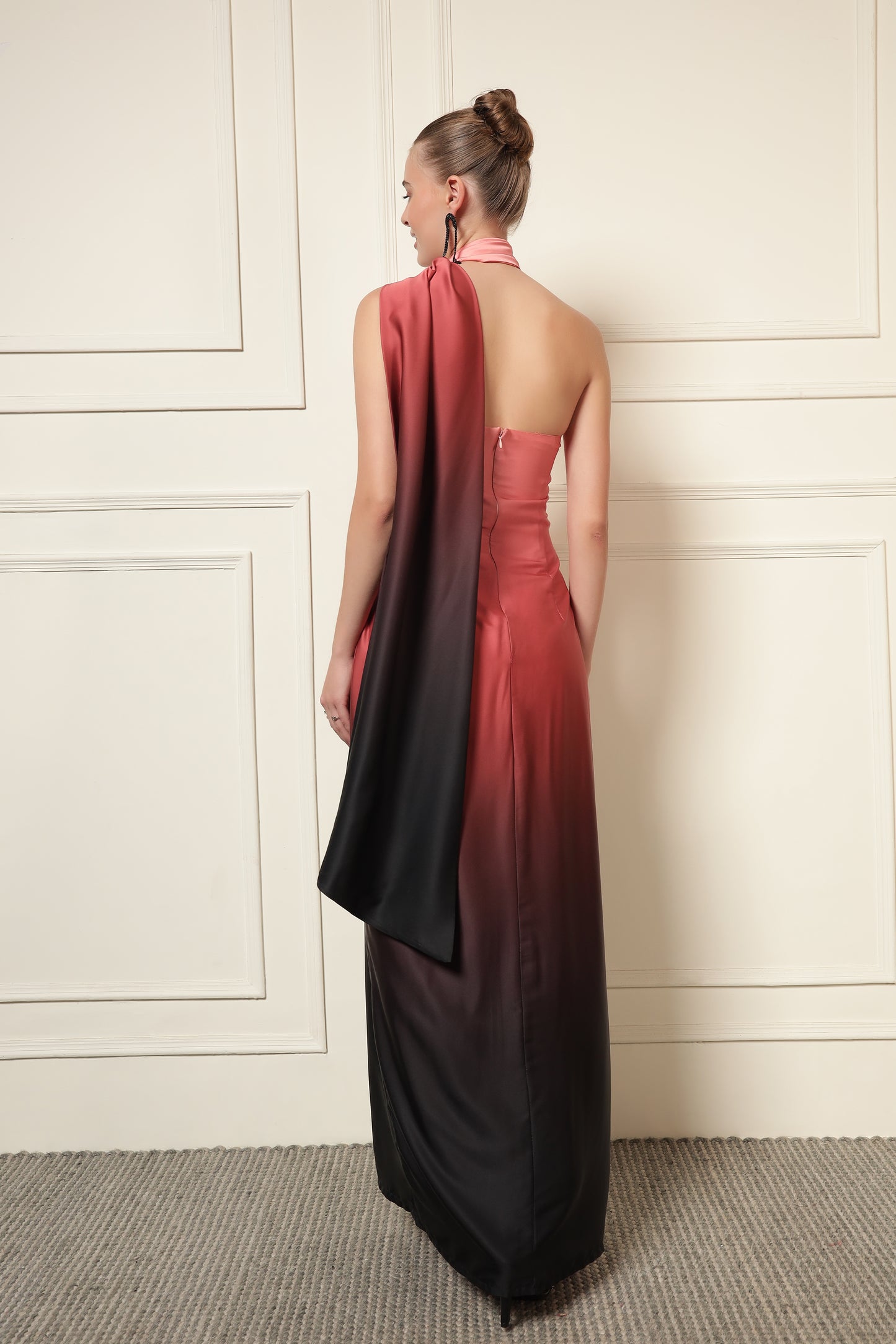 PEACH OMBRE NECK TIE DRESS