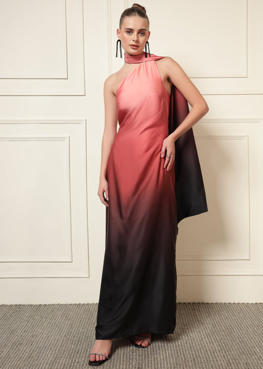 PEACH OMBRE NECK TIE DRESS