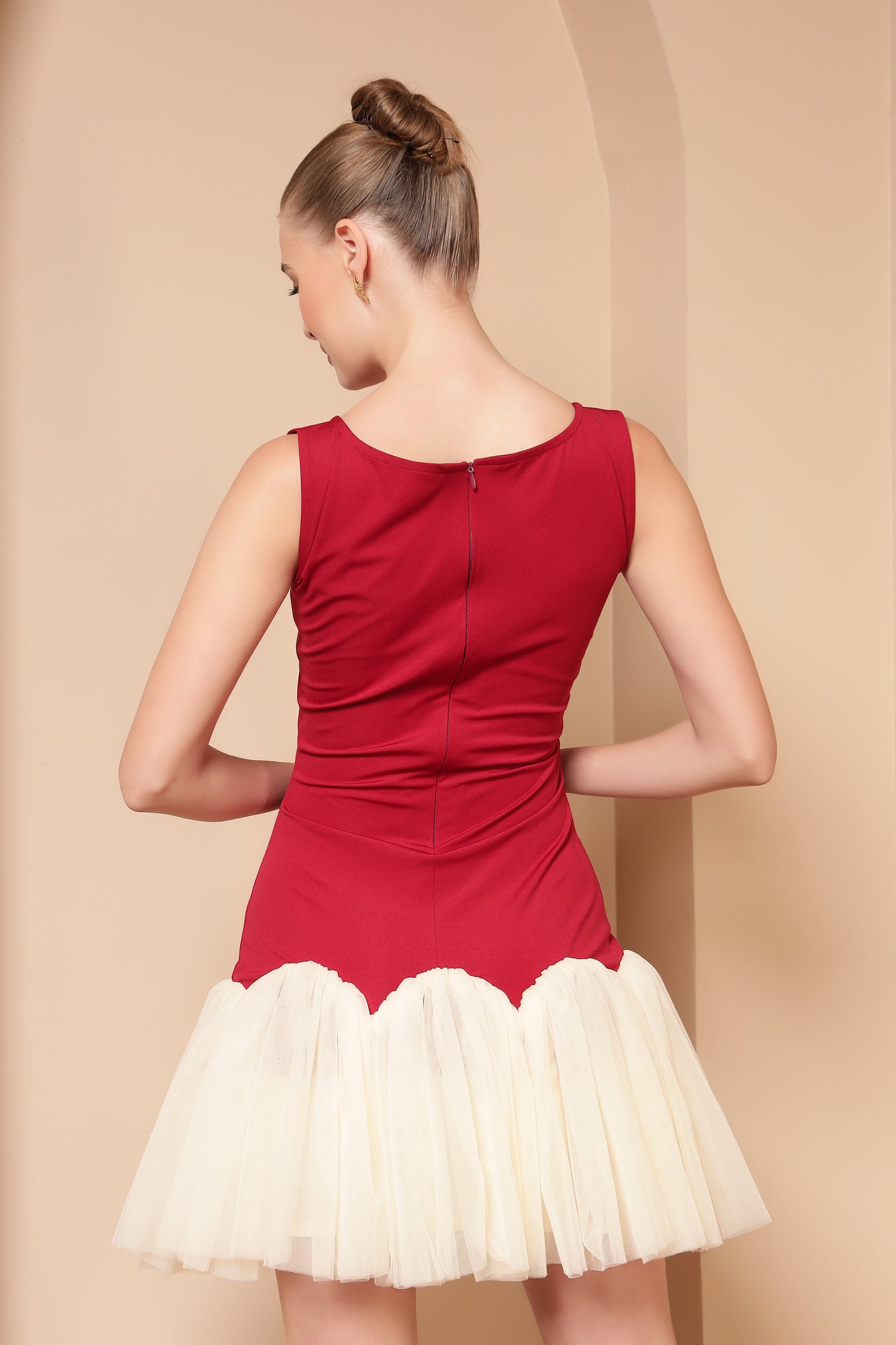 MAROON & IVORY EMBELLISHED TULLE DRESS