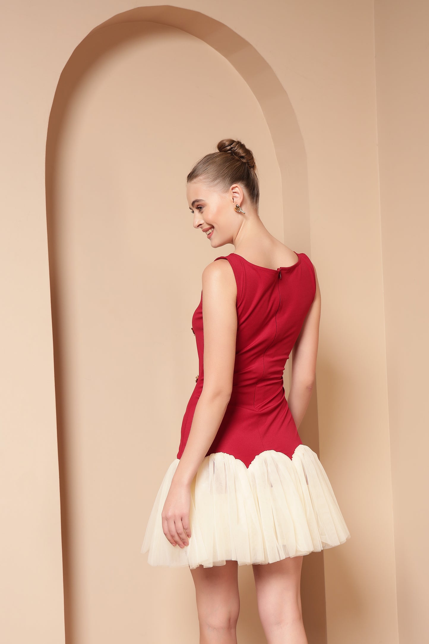 MAROON & IVORY EMBELLISHED TULLE DRESS