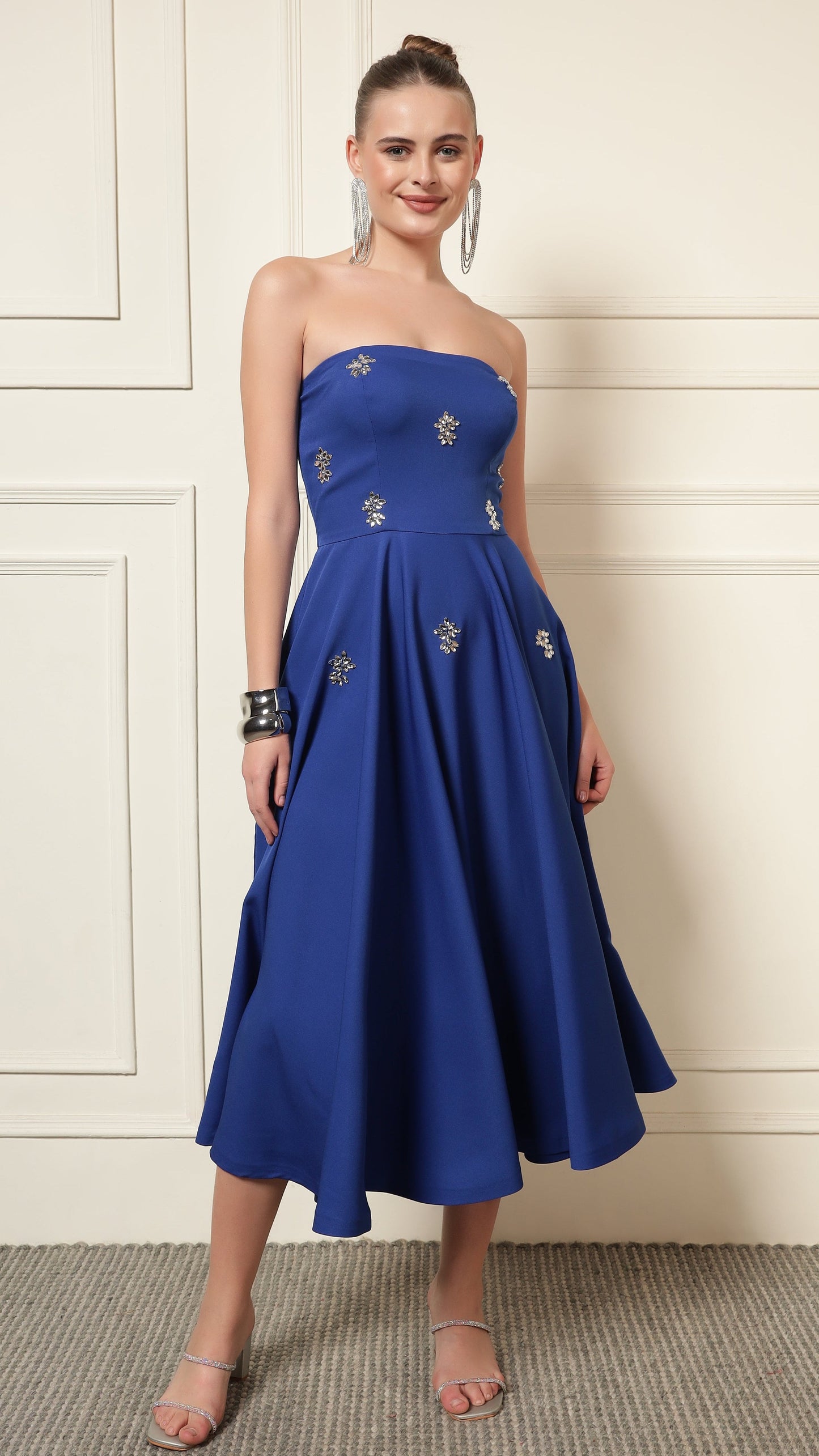 CRYSTAL EMBROIDERED FLARE MIDI DRESS