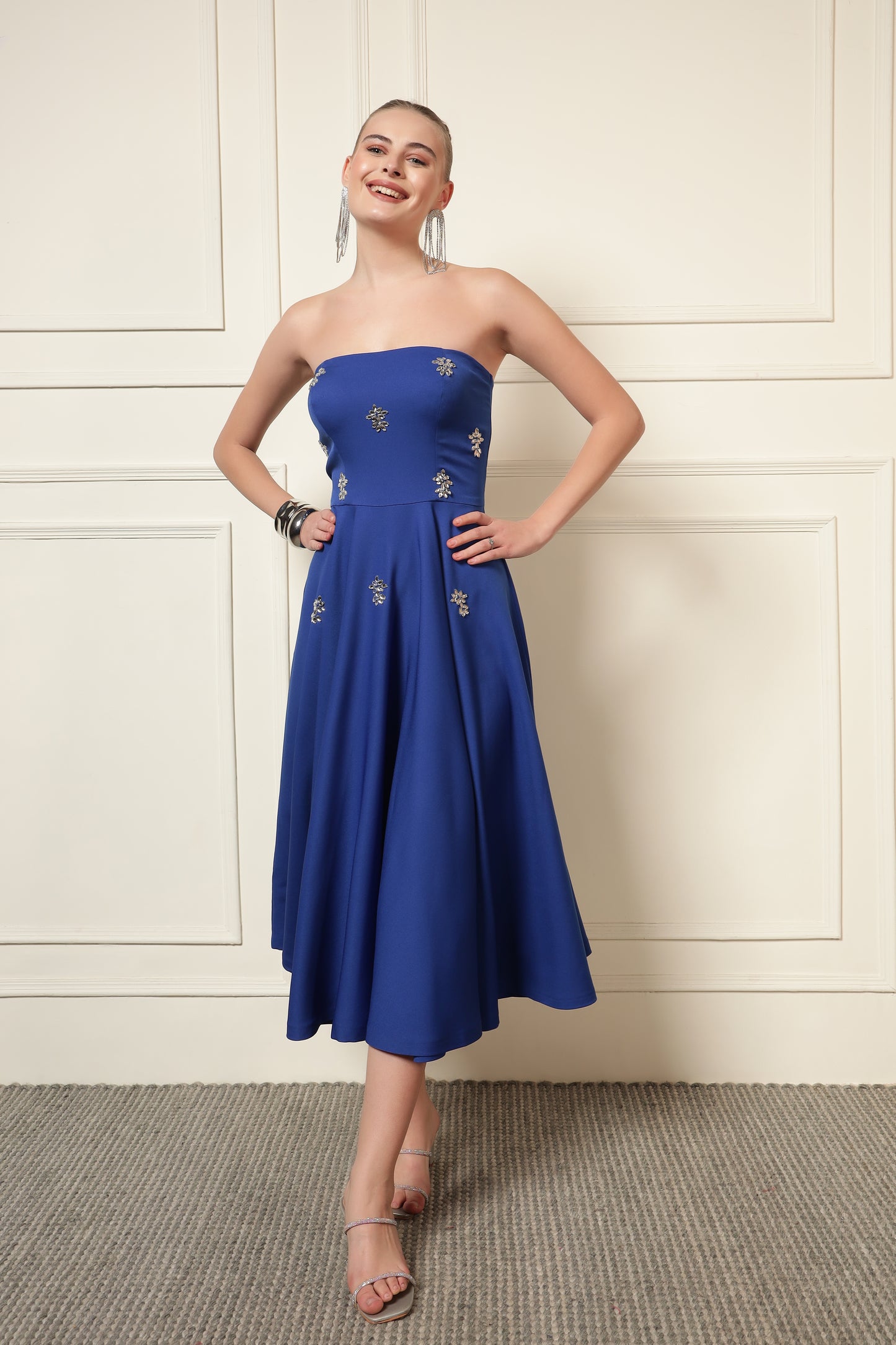 CRYSTAL EMBROIDERED FLARE MIDI DRESS