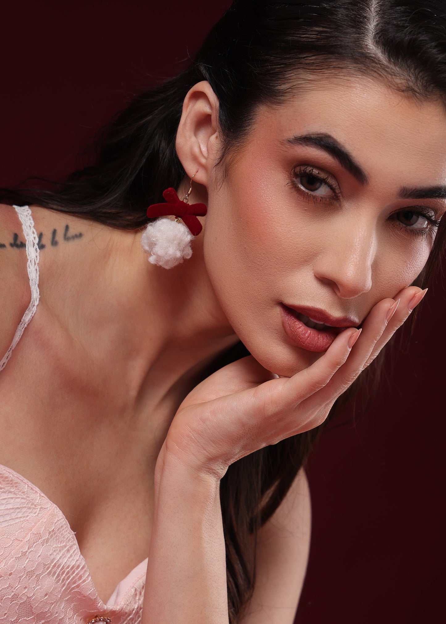 VALENTINE WINE VELVET BALL EARRINGS