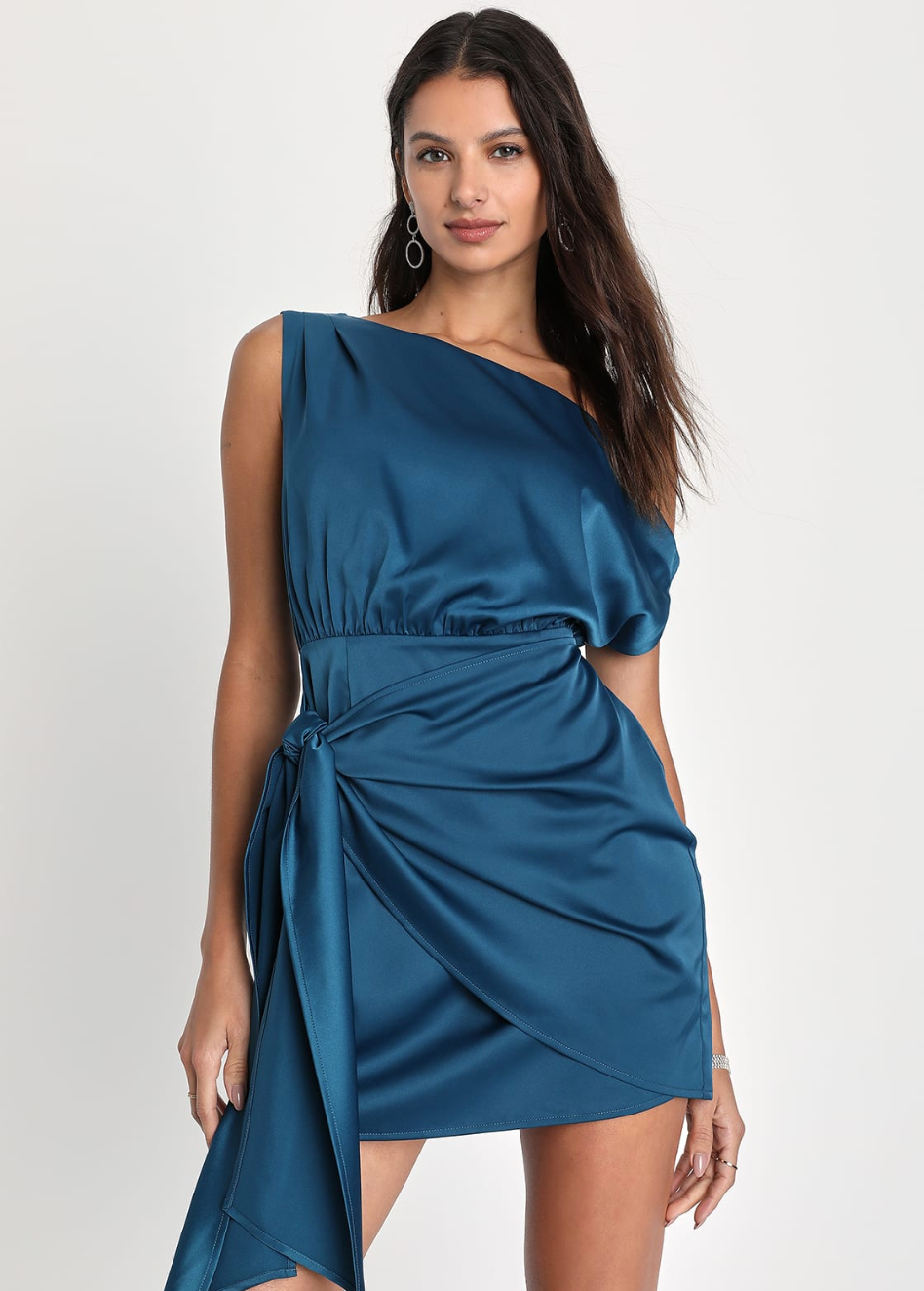 TEA BLUE SATIN ASYMMETRICAL TIE FRONT DRESS