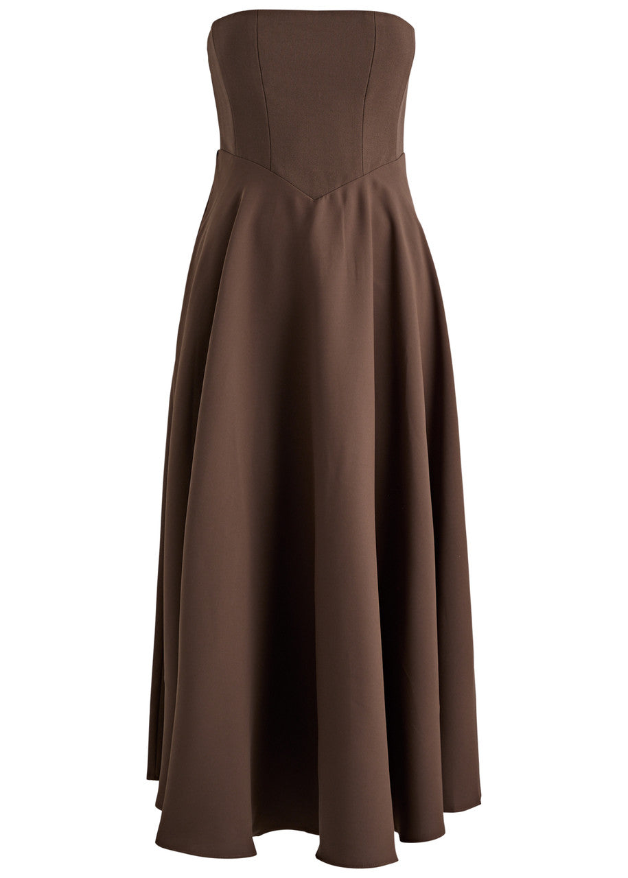 STRAPLESS BROWN MIDI DRESS