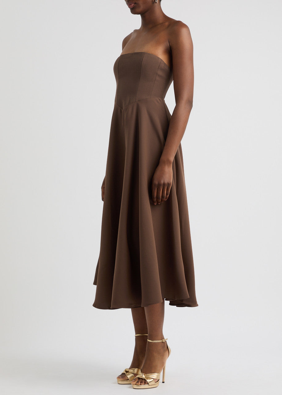 STRAPLESS BROWN MIDI DRESS
