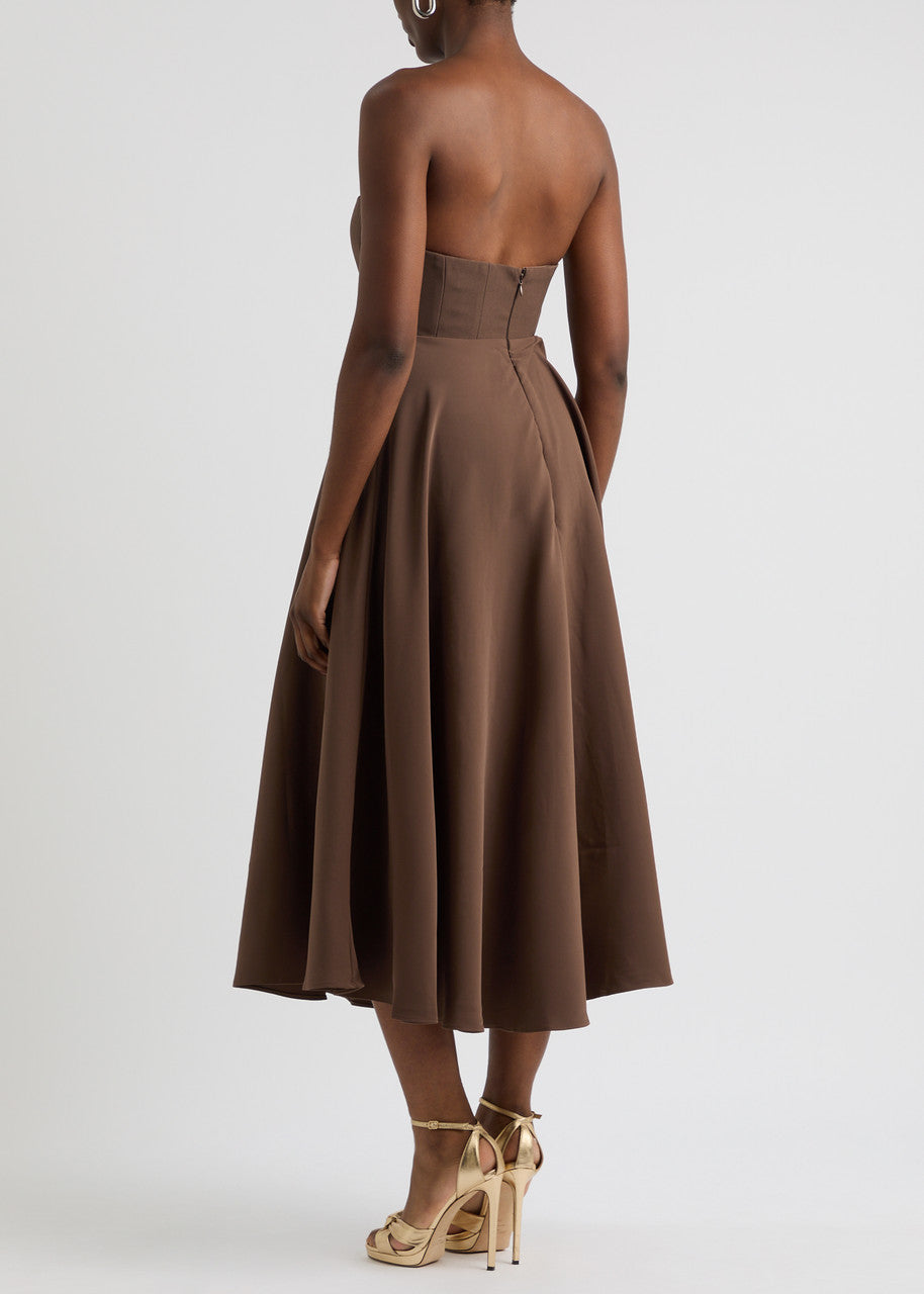 STRAPLESS BROWN MIDI DRESS