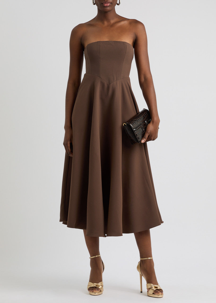STRAPLESS BROWN MIDI DRESS