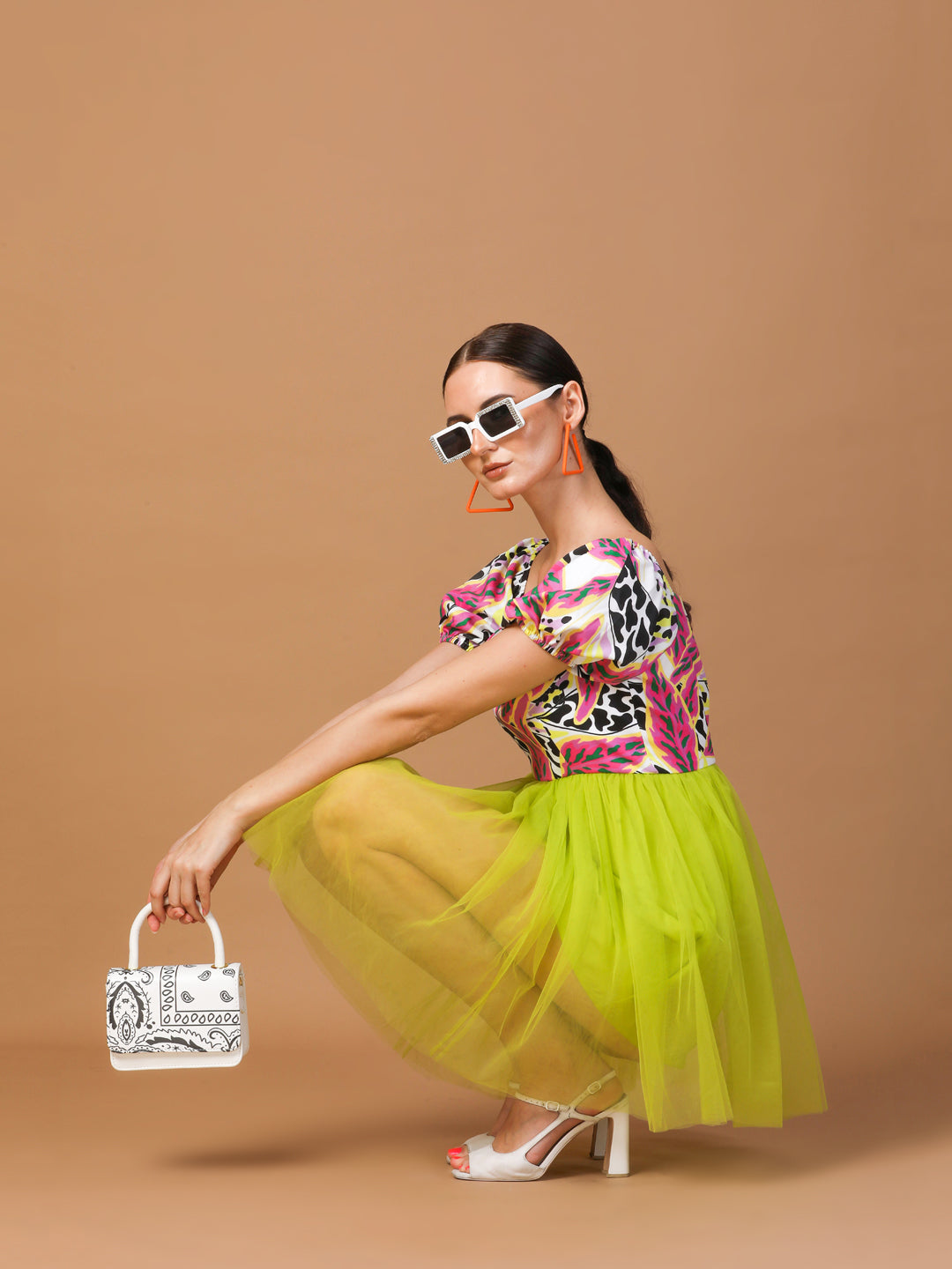 PUFF SLEEVE PRINTED TULLE MINI DRESS