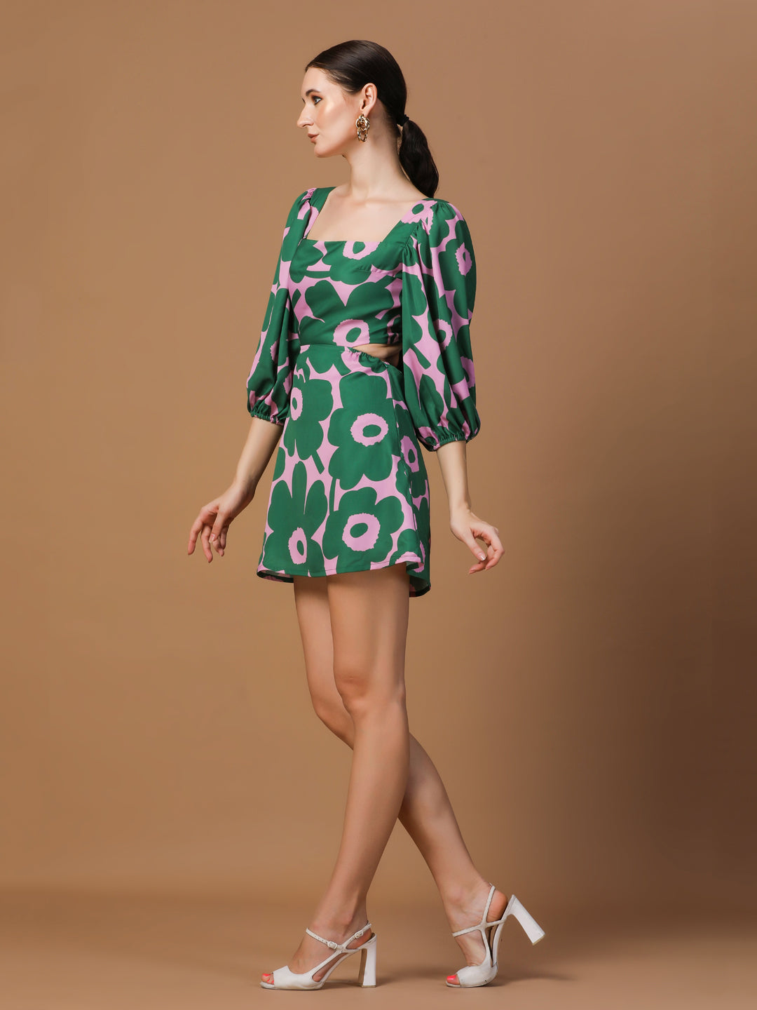 GREEN FLORAL PUFF SLEEVE DRESS