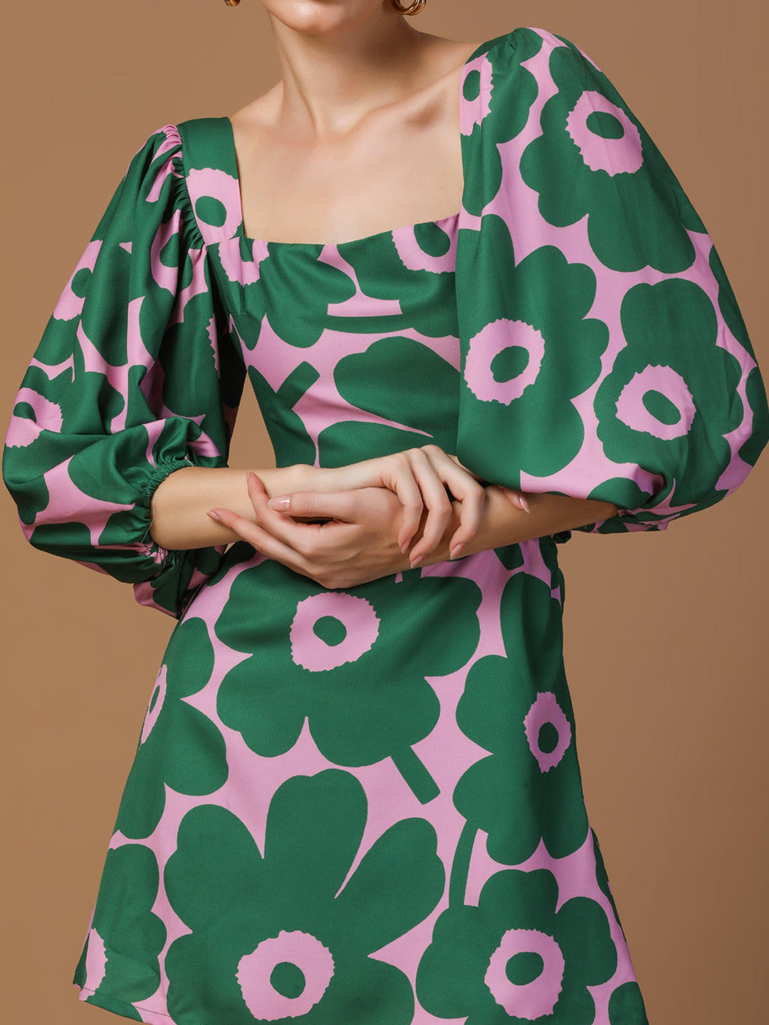 GREEN FLORAL PUFF SLEEVE DRESS
