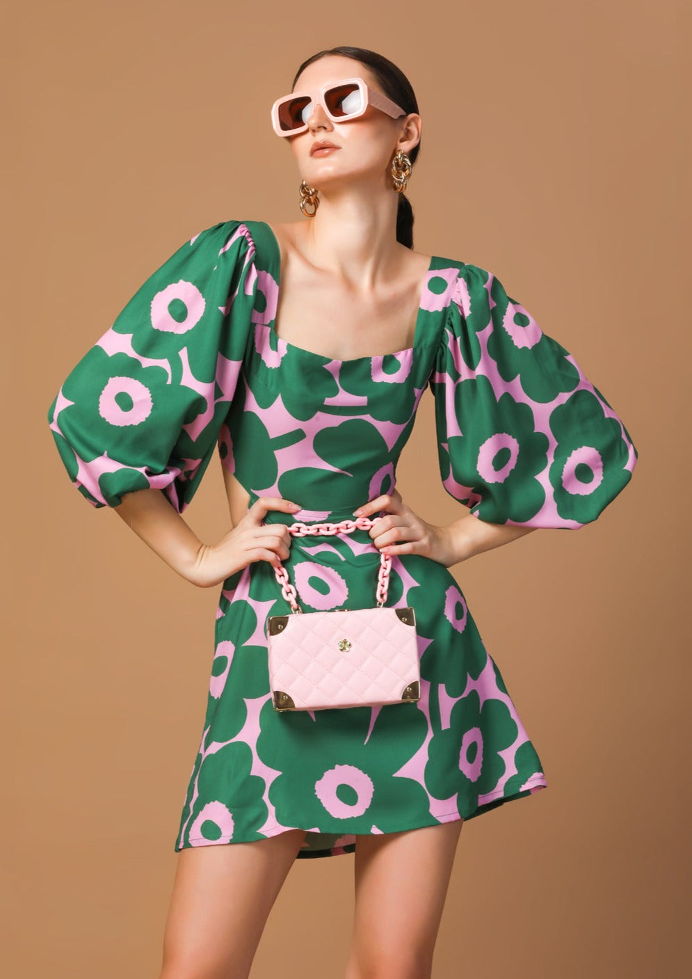 GREEN FLORAL PUFF SLEEVE DRESS