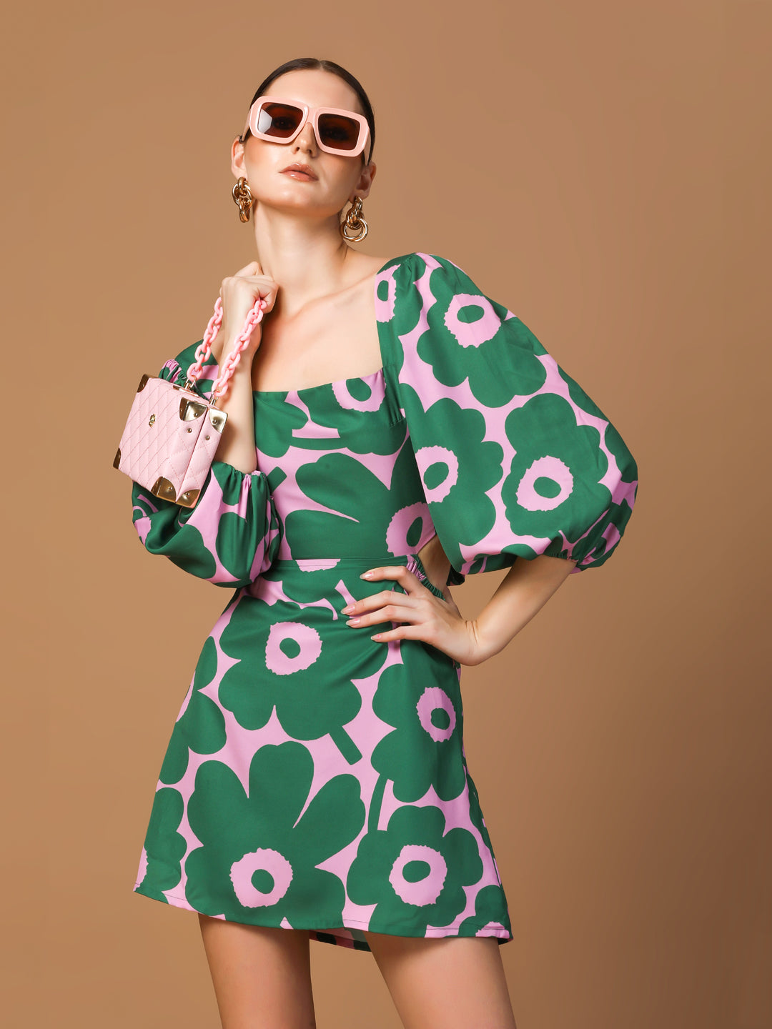 GREEN FLORAL PUFF SLEEVE DRESS