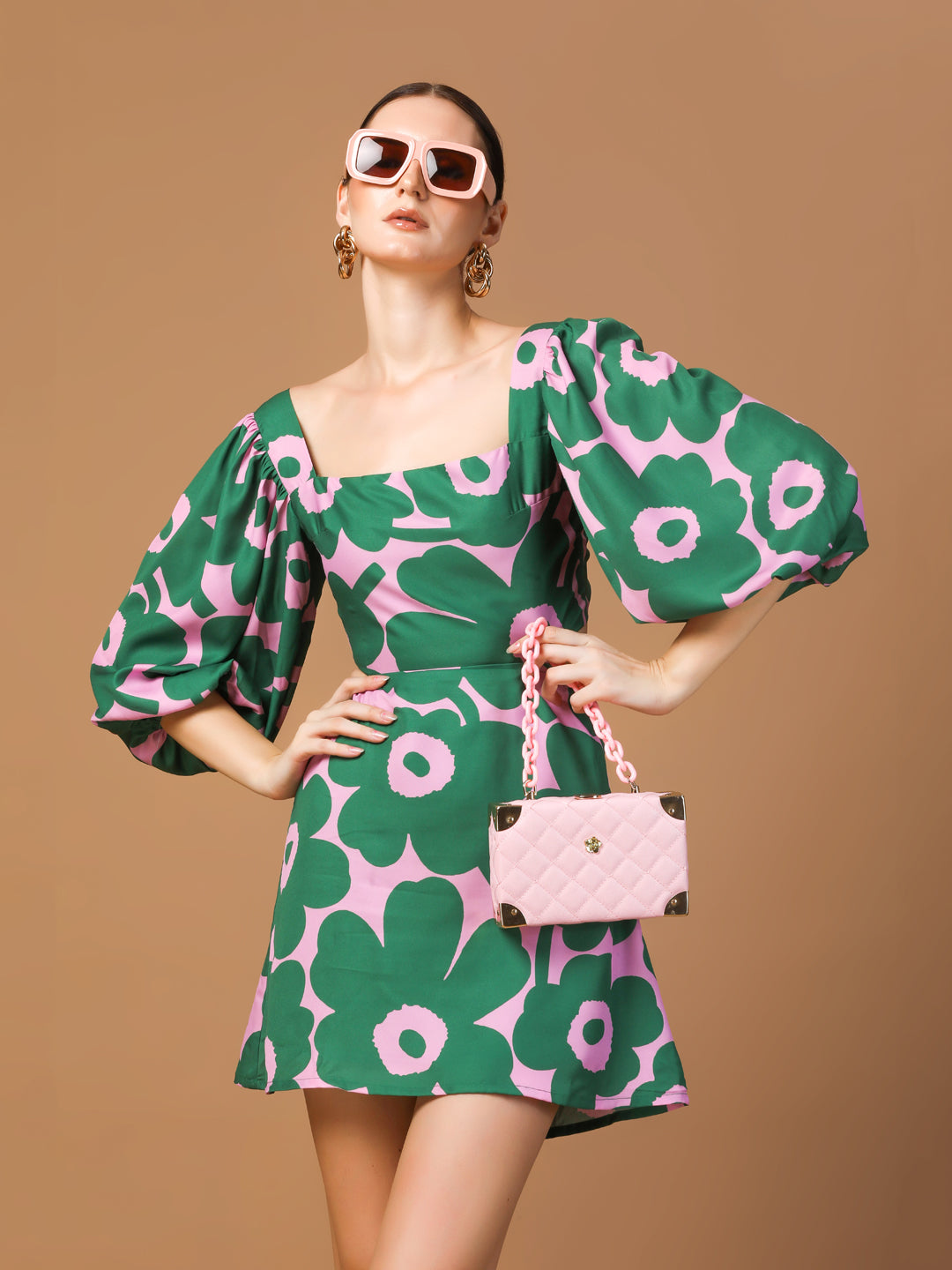 GREEN FLORAL PUFF SLEEVE DRESS