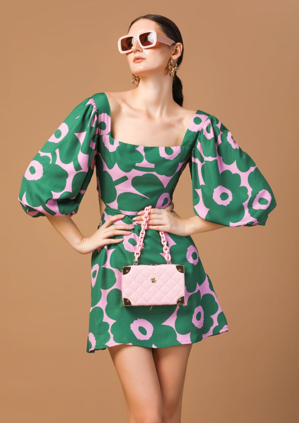 GREEN FLORAL PUFF SLEEVE DRESS