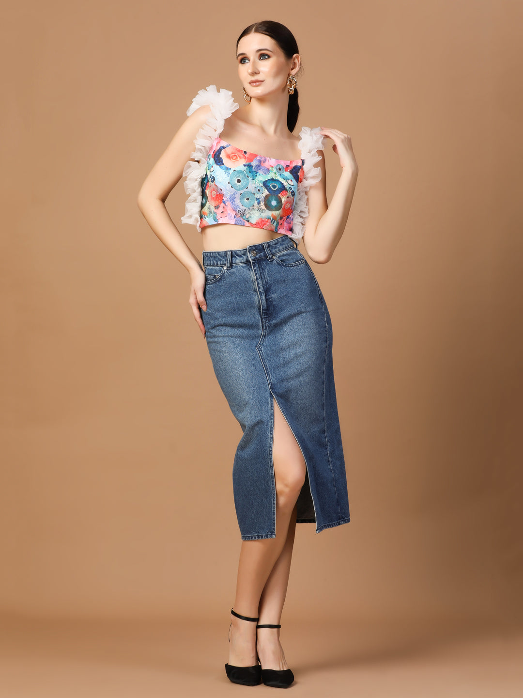 FLORAL PRINT TULLE SHOULDER TOP