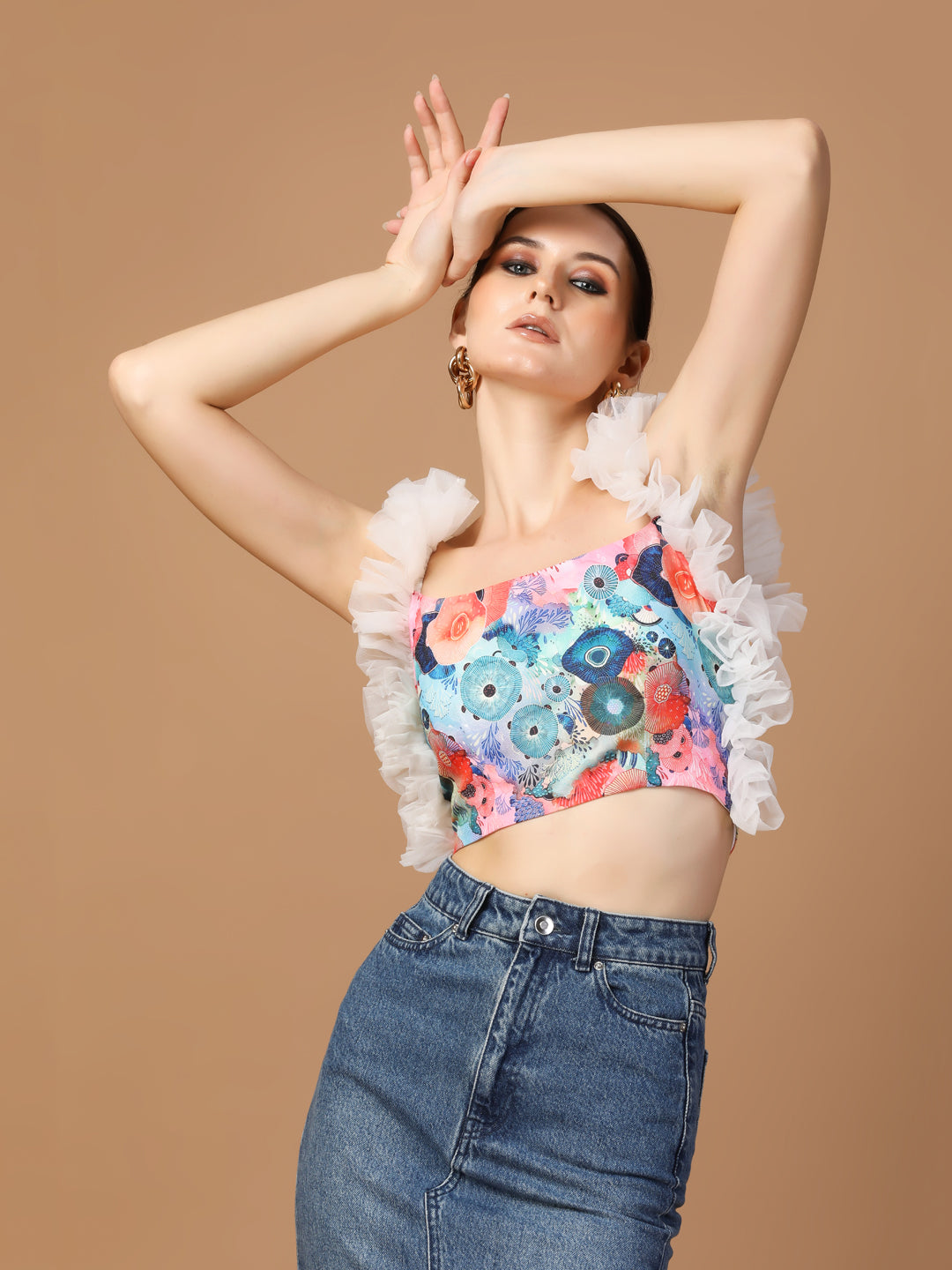 FLORAL PRINT TULLE SHOULDER TOP