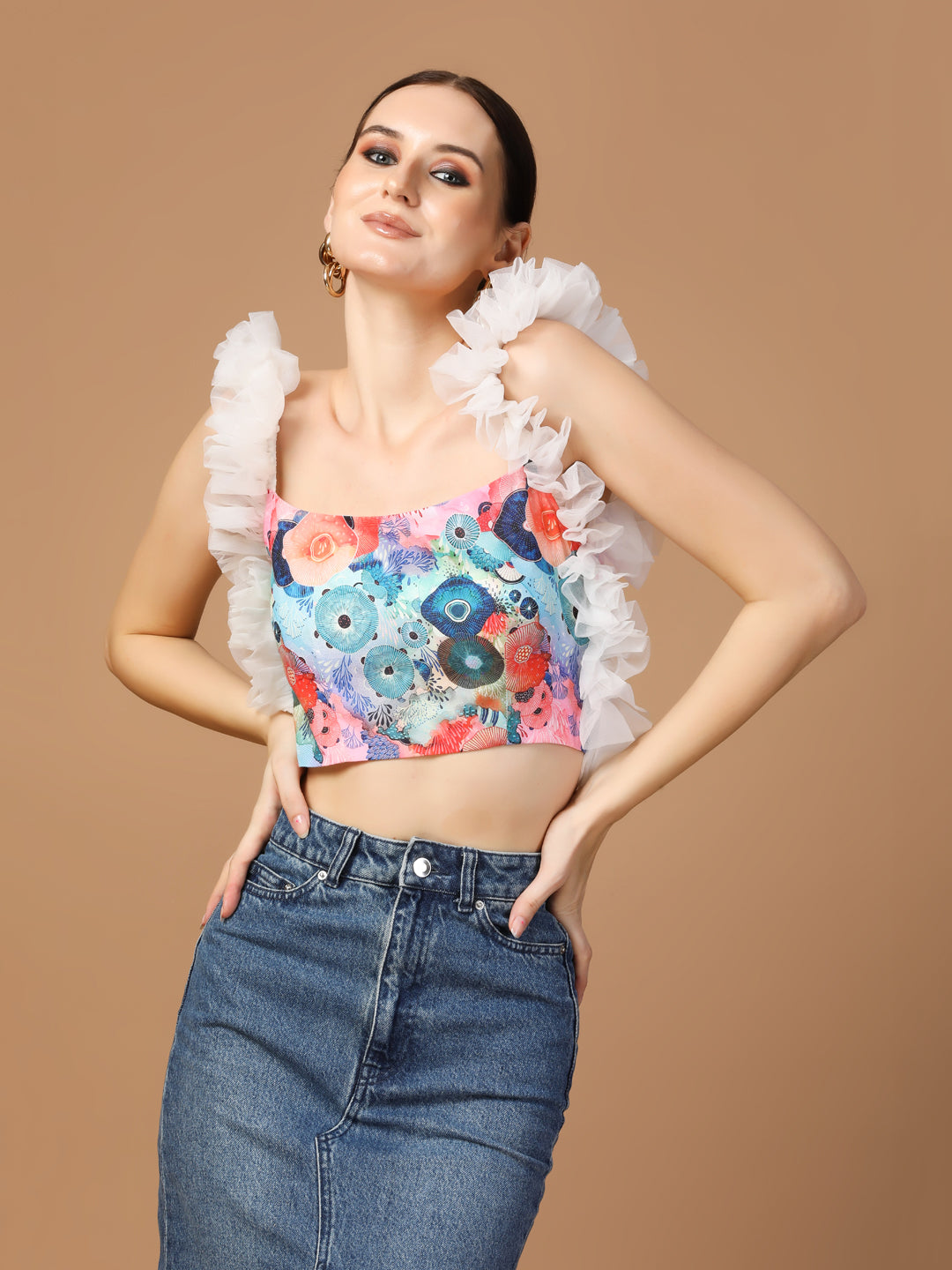 FLORAL PRINT TULLE SHOULDER TOP