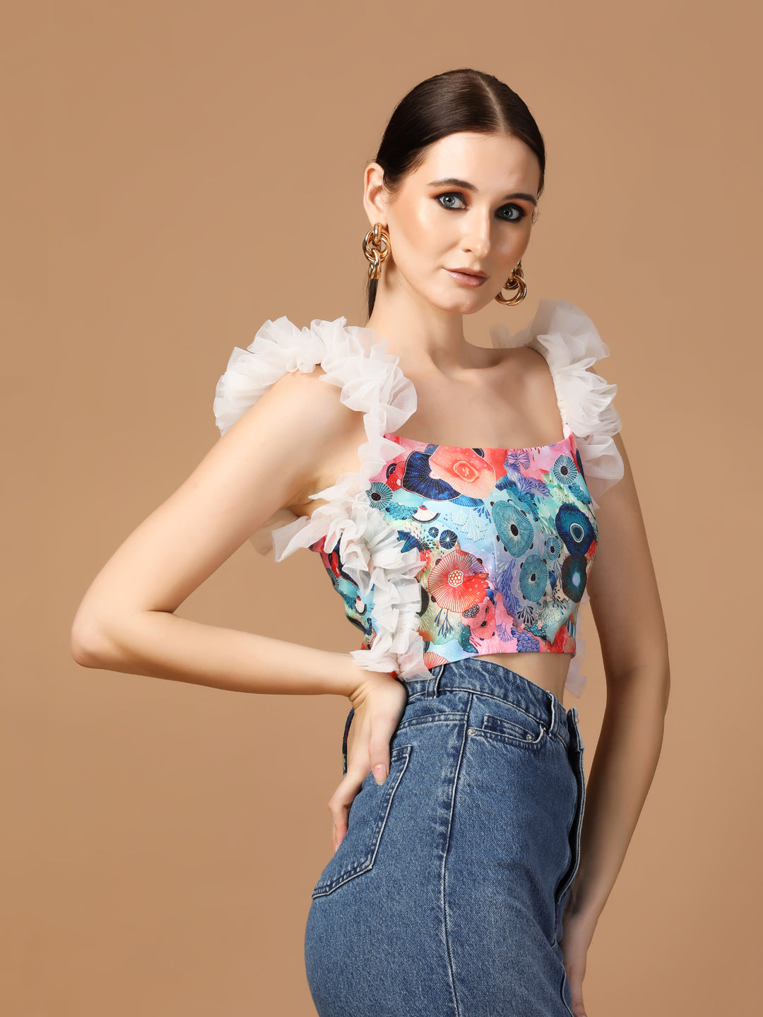 FLORAL PRINT TULLE SHOULDER TOP