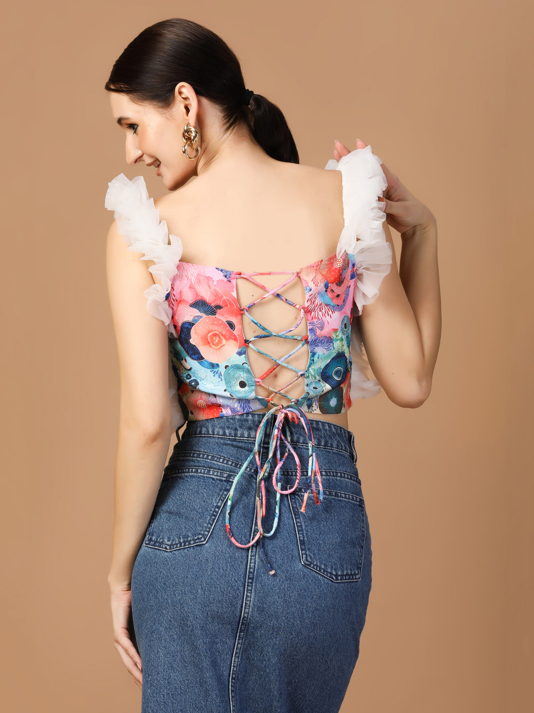 FLORAL PRINT TULLE SHOULDER TOP