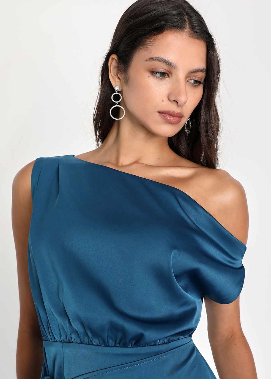 TEA BLUE SATIN ASYMMETRICAL TIE FRONT DRESS