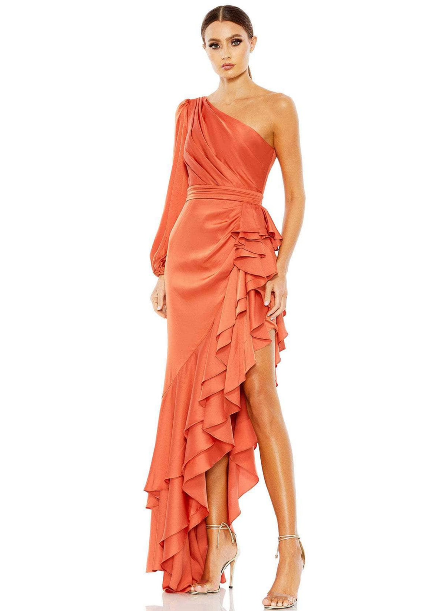 TANGERINE RUFFLE ASSYMETRICAL DRESS