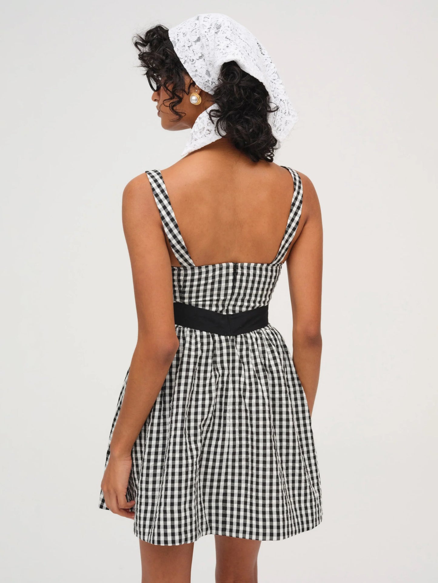 GINGHAM PRINT LACE DETAIL MINI DRESS