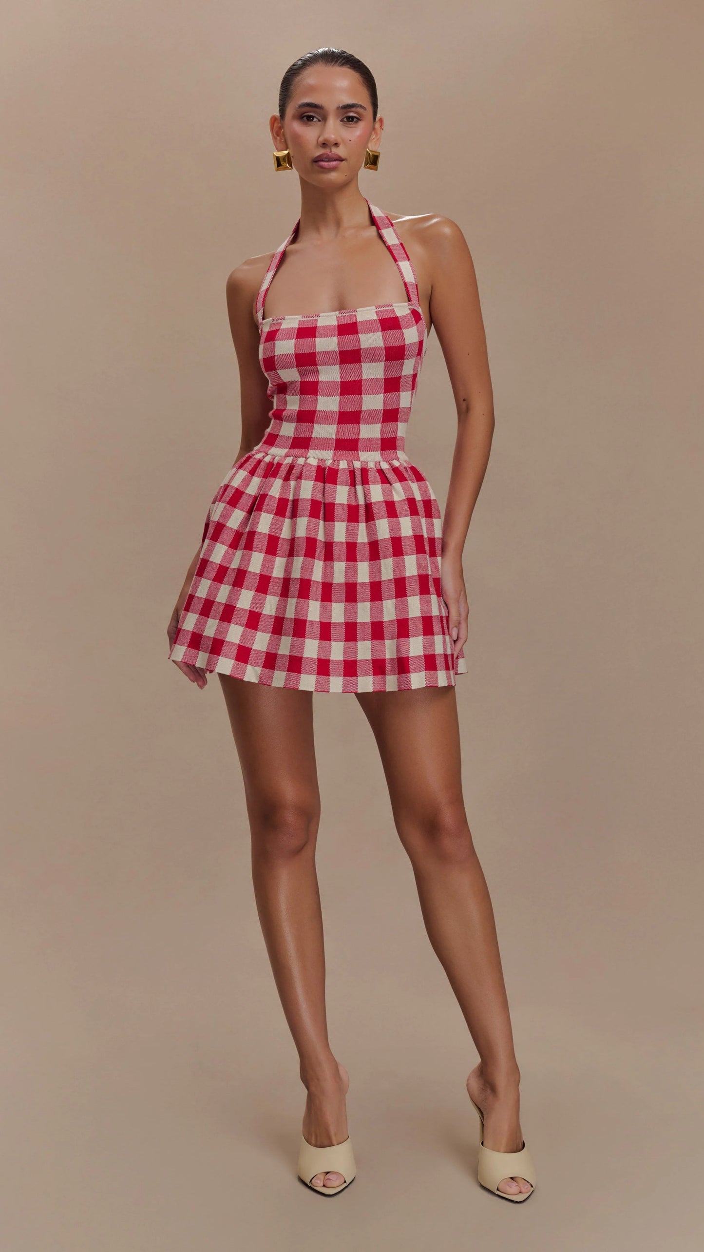 HALTER GINGHAM PRINT MINI DRESS