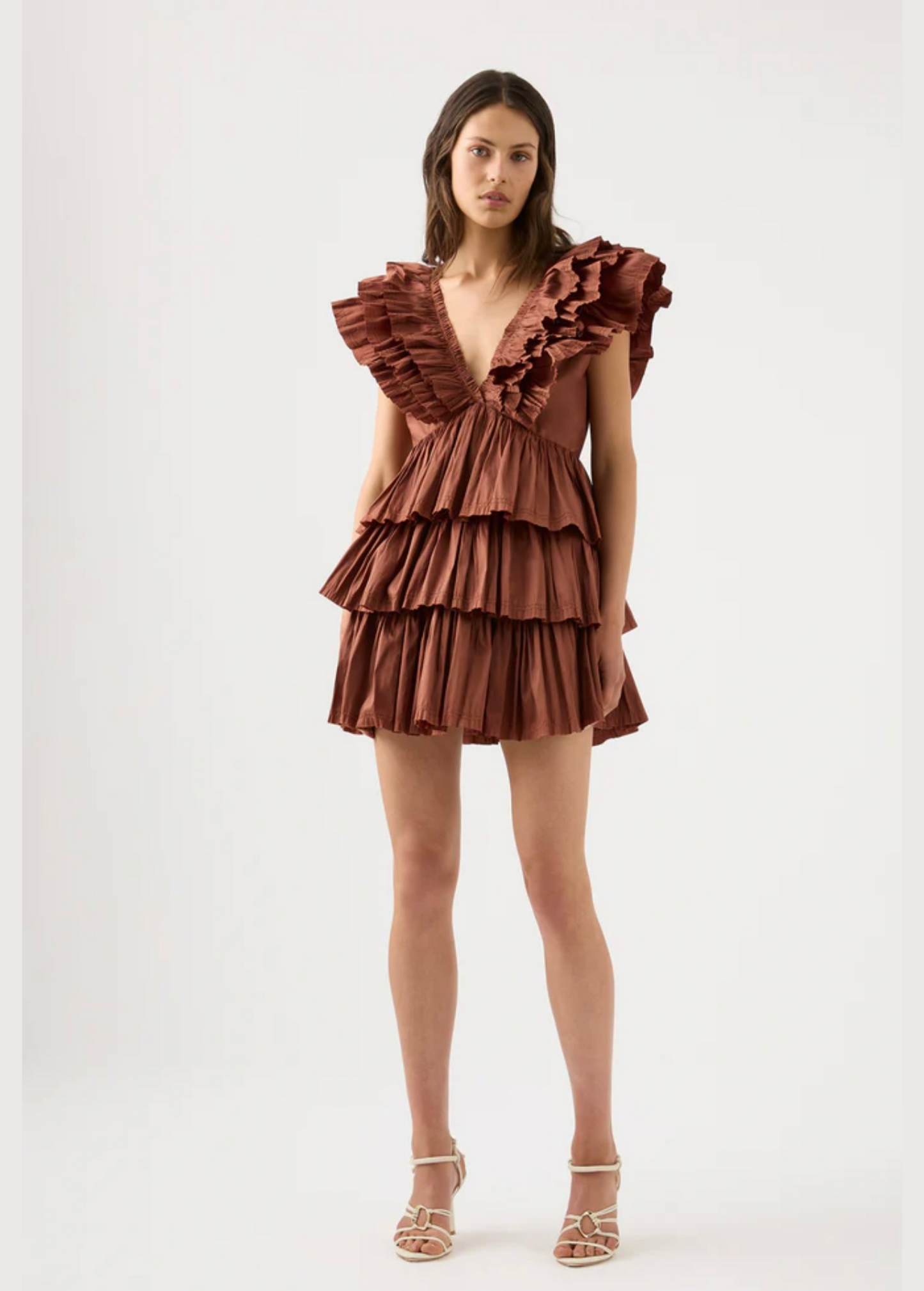 COFFEE DEEP NECK FRILL LAYERED DRESS