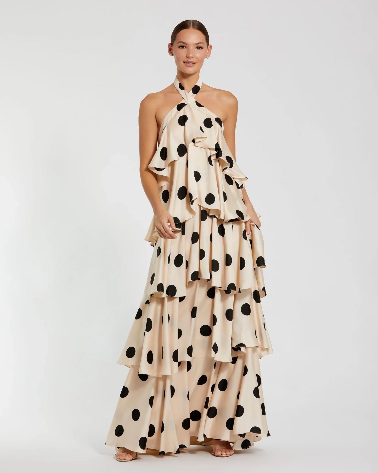 POLKA CASCADE RUFFLE MAXI DRESS