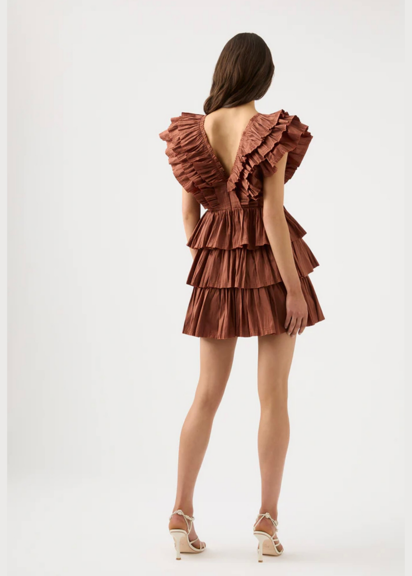 COFFEE DEEP NECK FRILL LAYERED DRESS