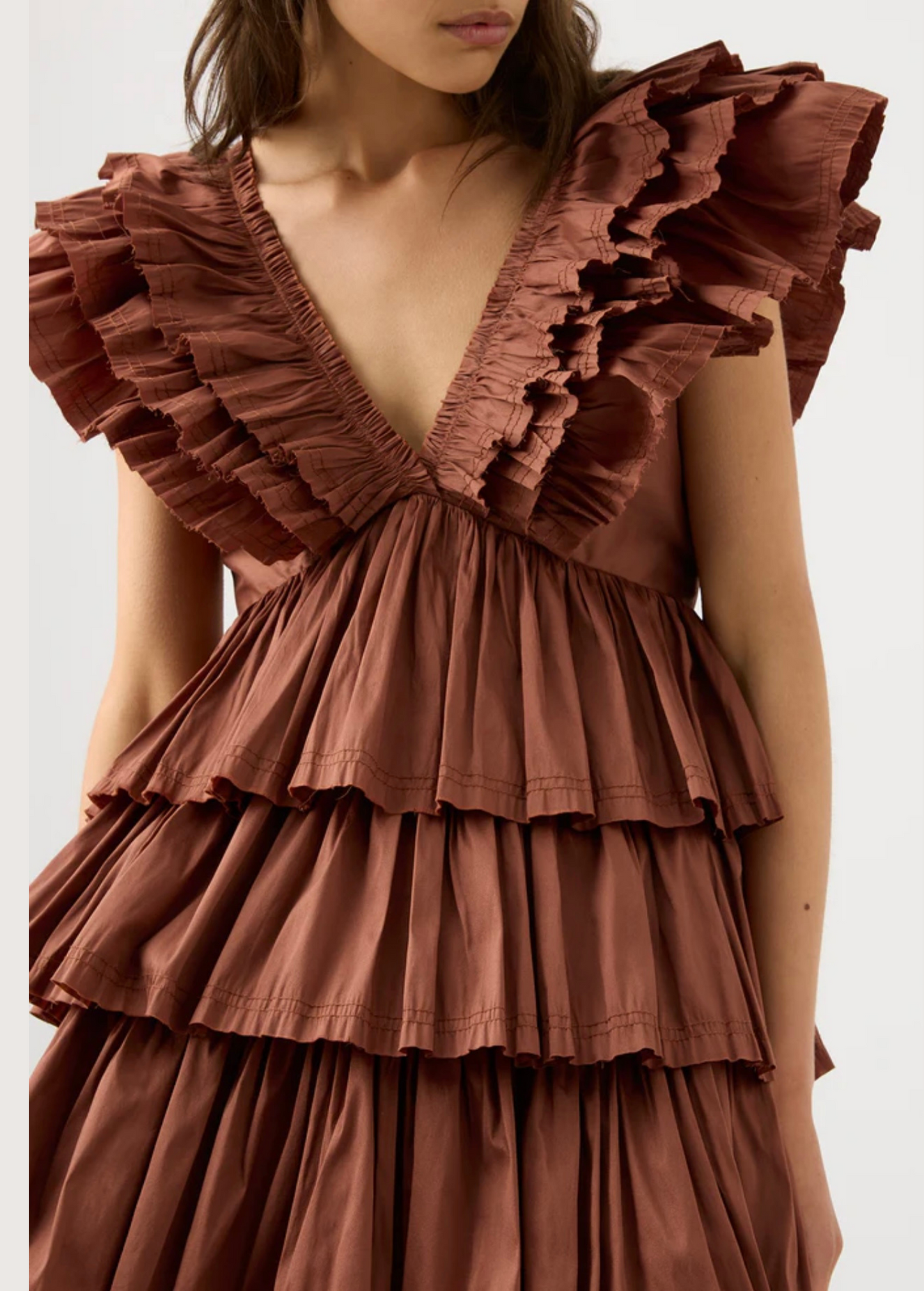 COFFEE DEEP NECK FRILL LAYERED DRESS