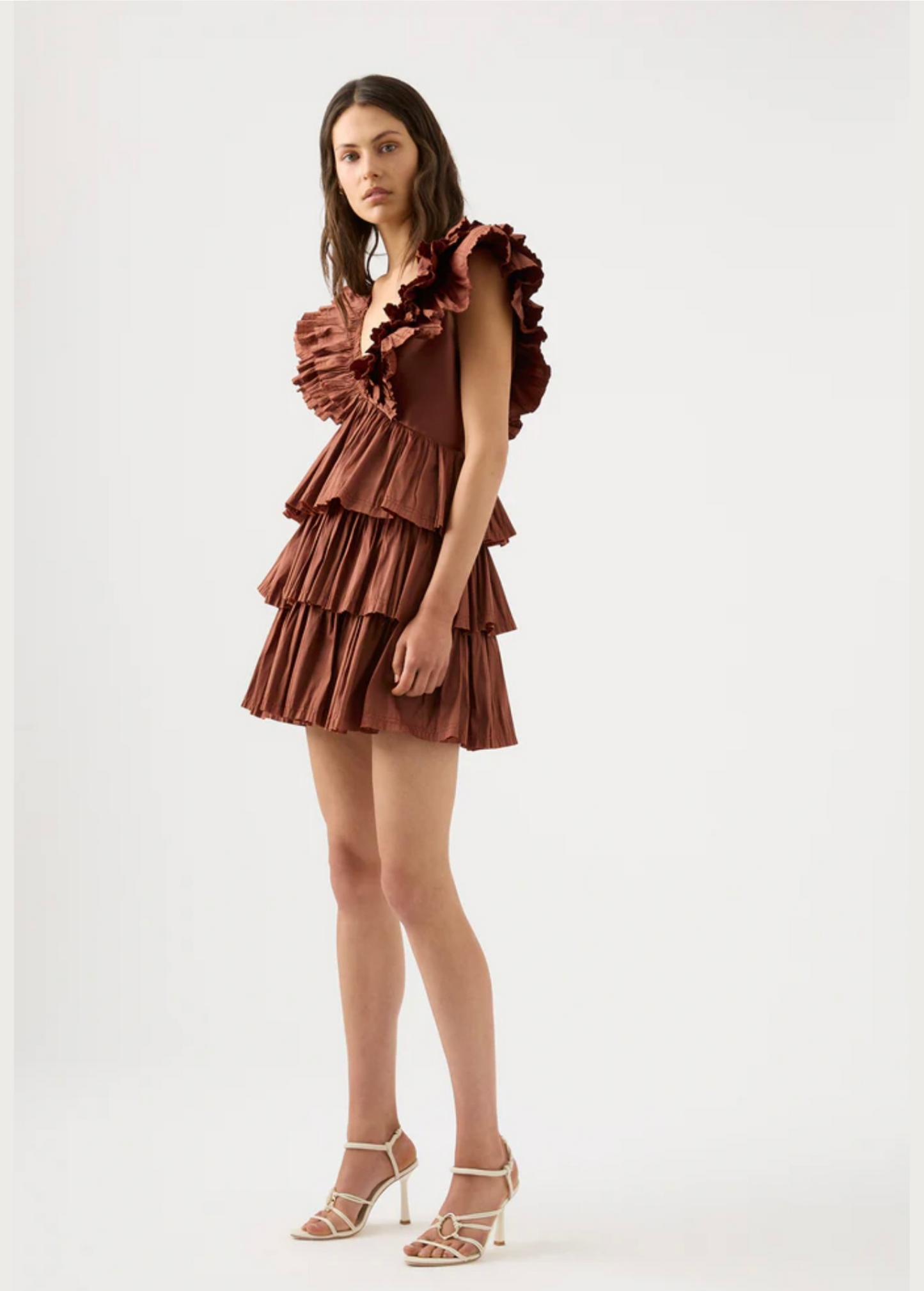 COFFEE DEEP NECK FRILL LAYERED DRESS