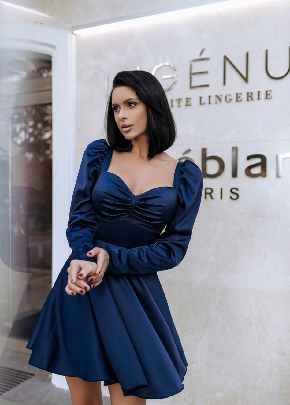 NAVY BLUE SATIN BALL DRESS