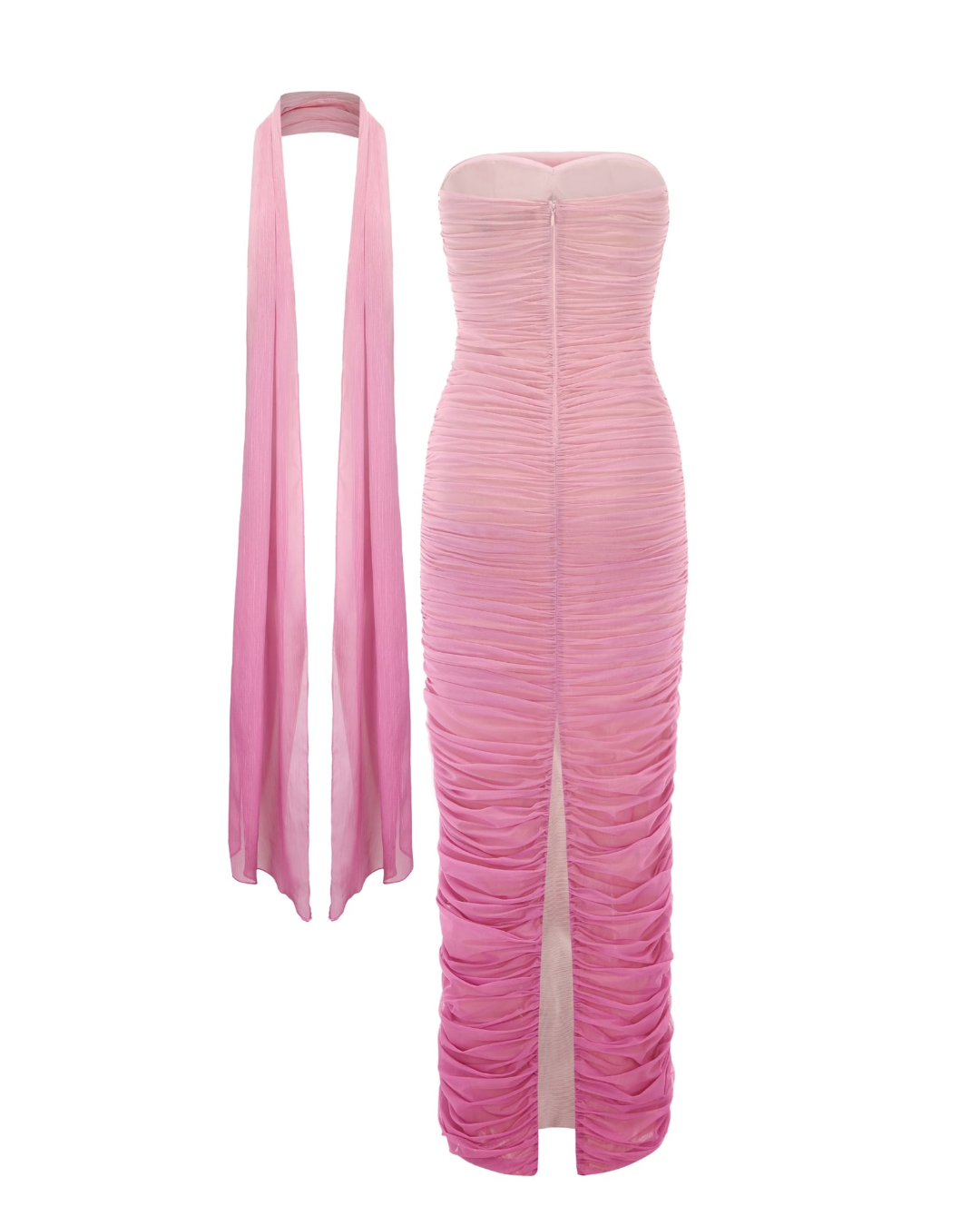 BLUSH AURA RUCHED MESH MAXI DRESS