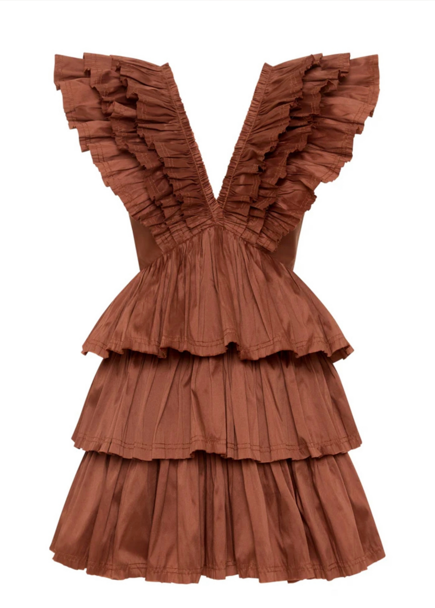 COFFEE DEEP NECK FRILL LAYERED DRESS