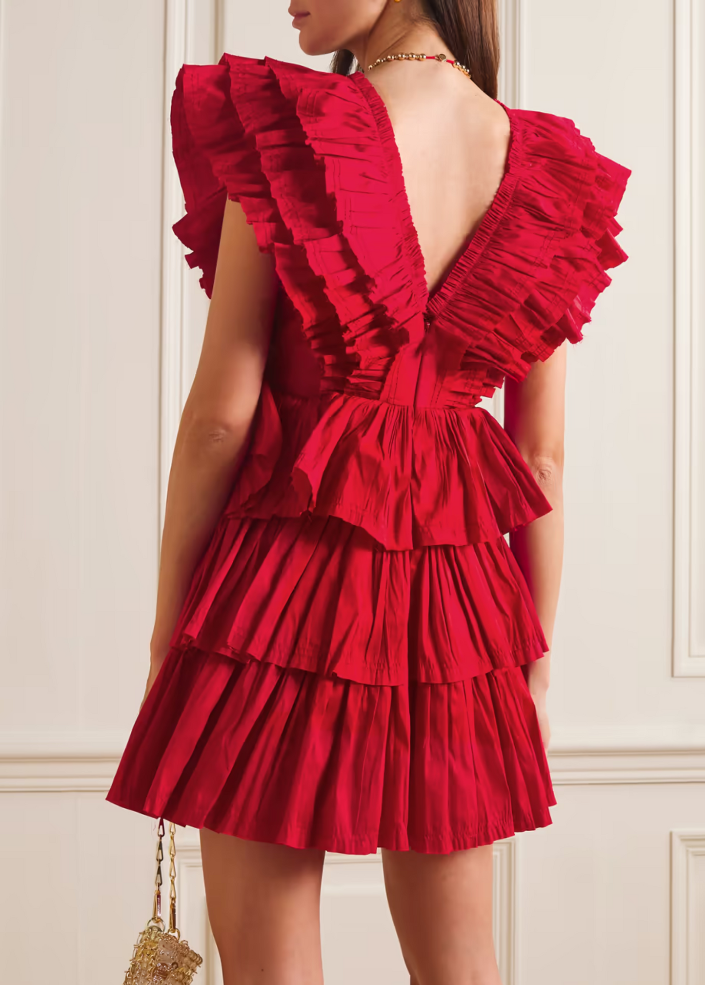 COFFEE DEEP NECK FRILL LAYERED DRESS