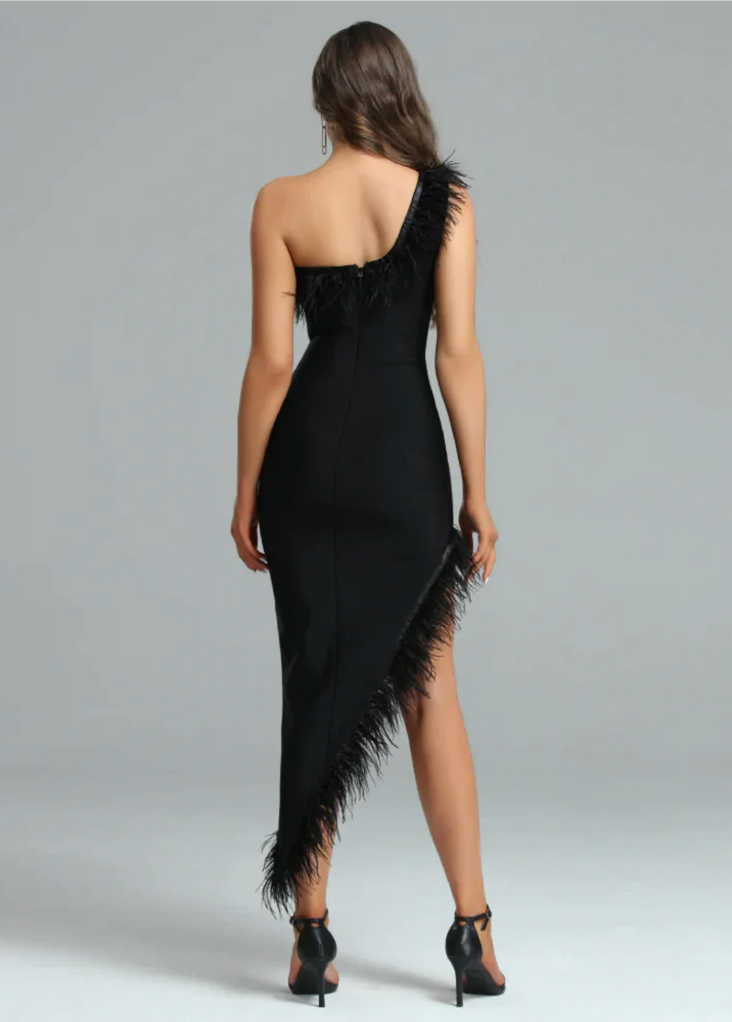 BLACK ASYMMETRICAL FEATHER TRIM BANDAGE DRESS
